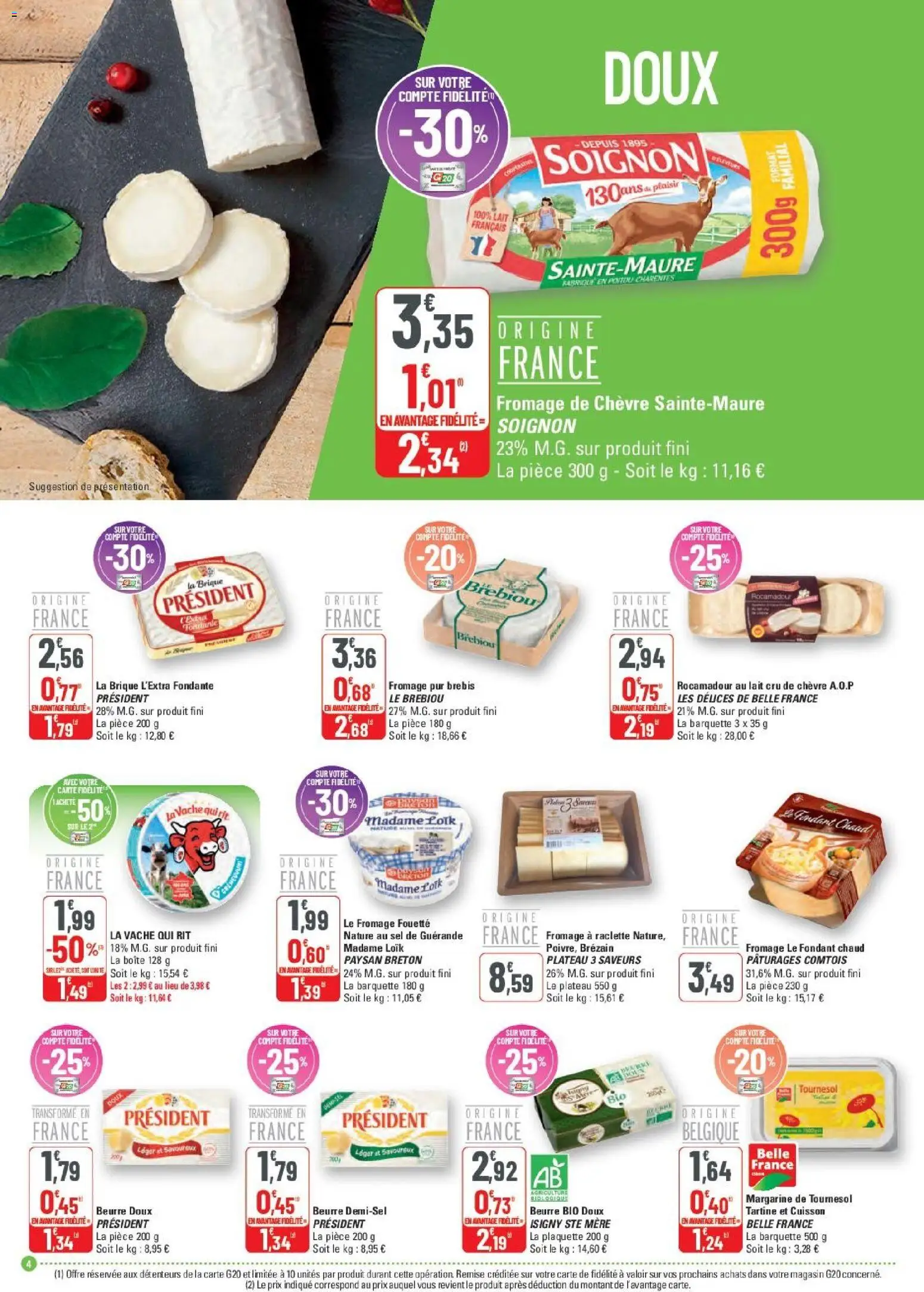 {H1} | Page: 4 | Produits: Plateau, Fromage de chèvre, Raclette, Beurre doux