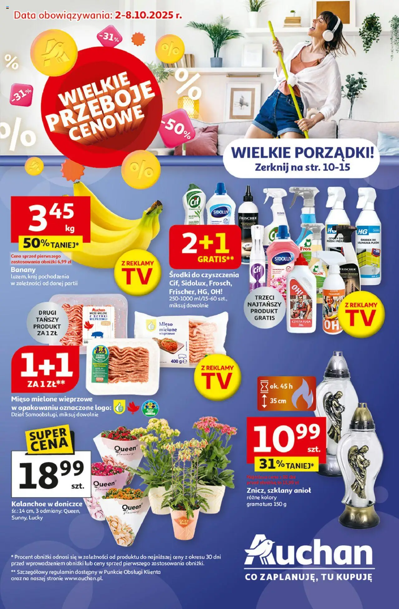 Auchan Gazetka - Wielkie przeboje cenowe Hipermarket od 02.10.2025 | Strona: 1 | Produkty: Mięso, Mięso mielone, Kalanchoe, Banany