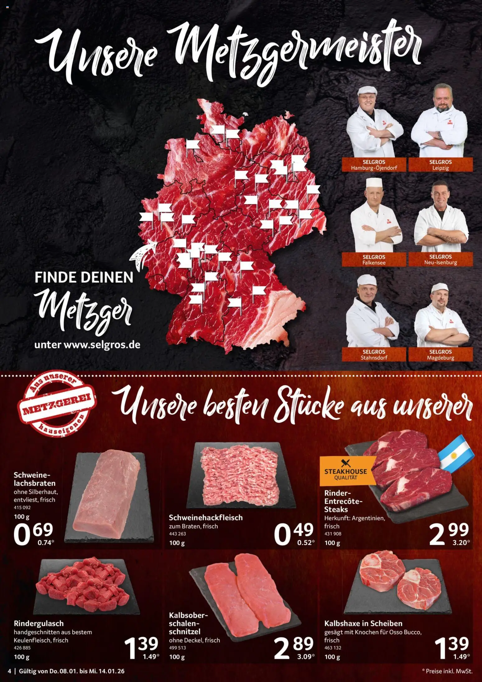 Selgros Prospekt 	 – gültig ab 08.01.2026 | Seite: 4 | Produkte: Rindergulasch, Entrecote, Schnitzel