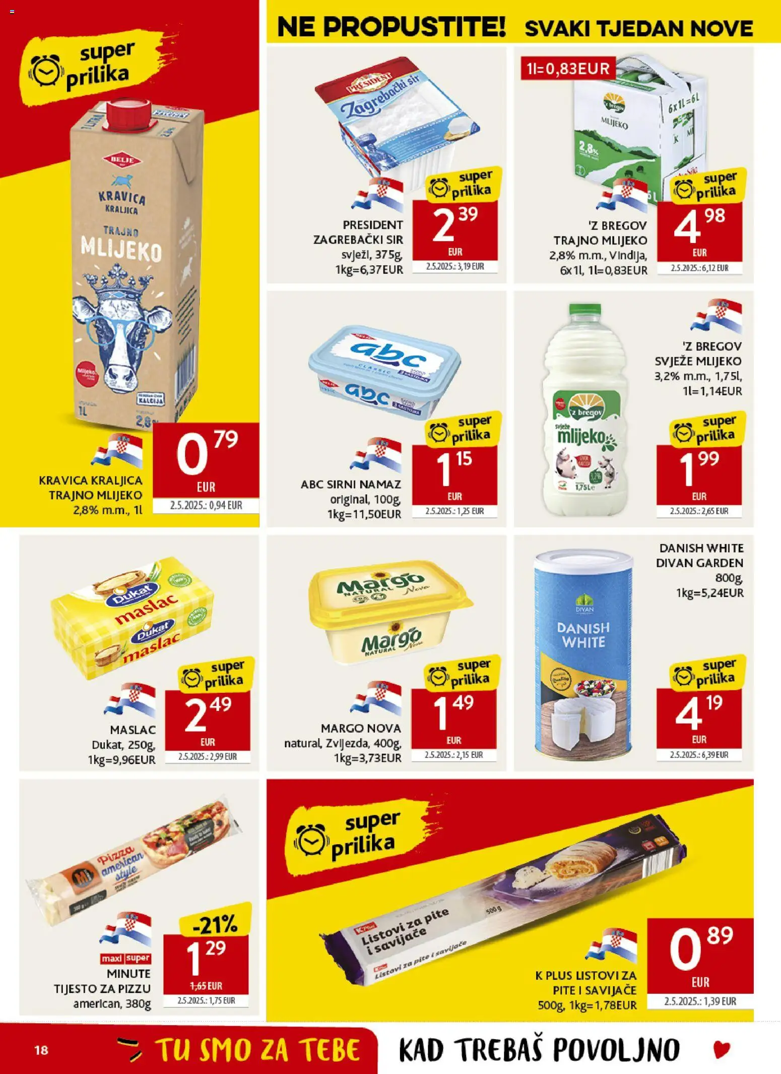 Konzum katalog | vrijedi od 22.04.2026 | Stranica: 18 | Proizvodi: Listovi za pite, Maslac, Tijesto za pizzu, Namaz