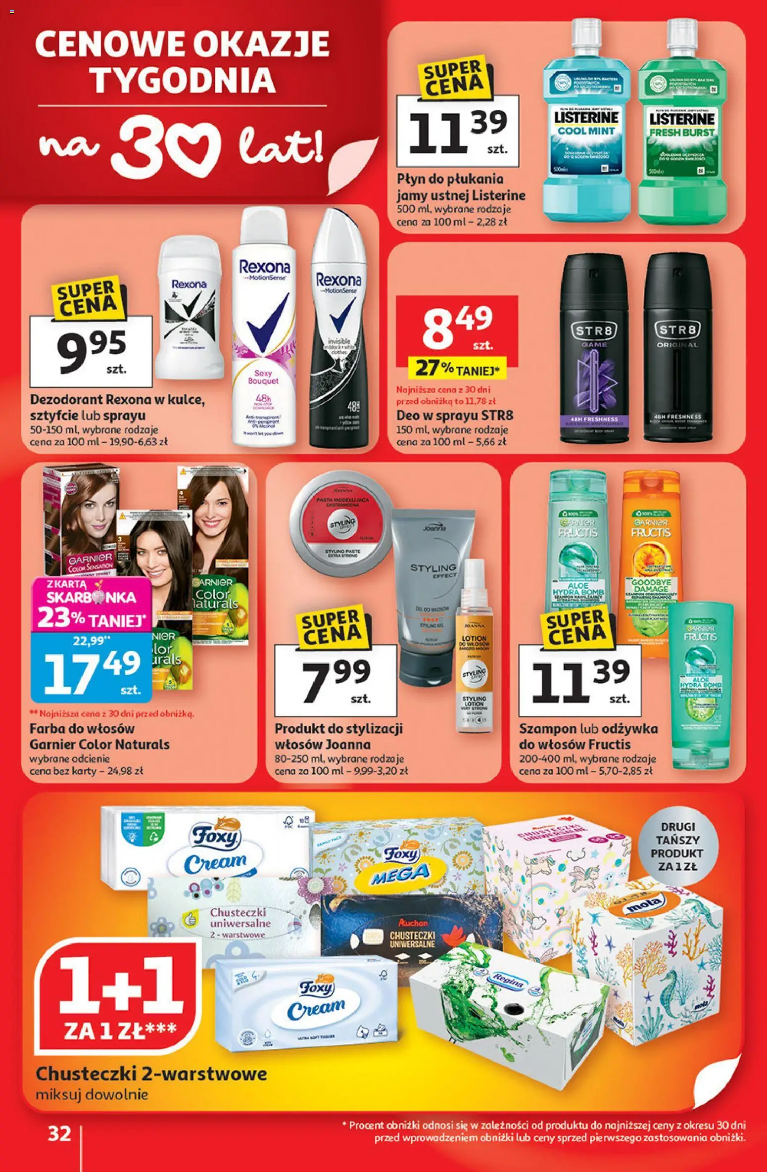 Auchan Gazetka - 30 Lat Hipermarket od 08.01.2026 | Strona: 32 | Produkty: Farba do włosów, Dezodorant, Płyn do płukania jamy ustnej, Lotion