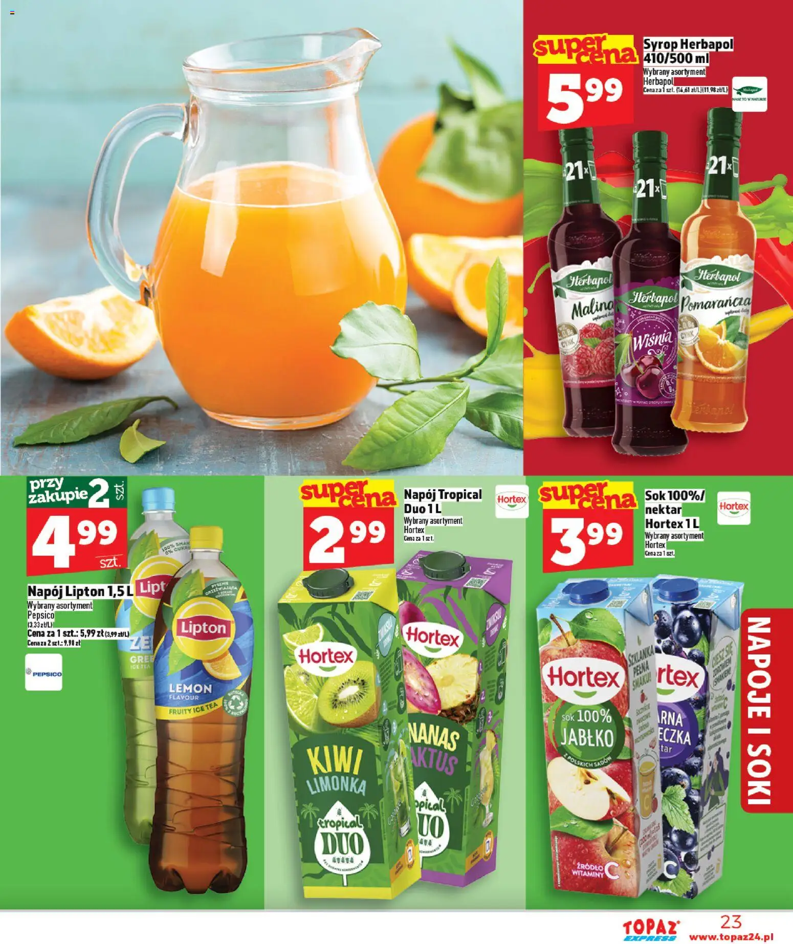 Topaz gazetka - Express od 09.04.2026 | Strona: 23 | Produkty: Syrop, Ice Tea, Soki, Sok