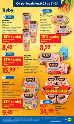 Pogląd oferty "RIO MARE, Sałatka z tuńczykiem, 2-pak**, 2 x 160 g, różne rodzaje, 1 kg = 49,97" - ważna od 09.03.2026 | Strona: 37 | Produkty: Rybna, Sałatka z tuńczykiem, Tuńczyk, Sałatka