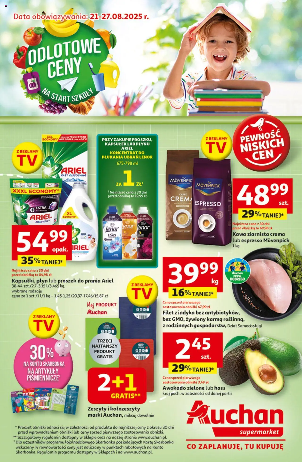 Auchan Gazetka od 21.08.2025 | Strona: 1 | Produkty: Kawa ziarnista, Ariel, Kawa, Proszek do prania