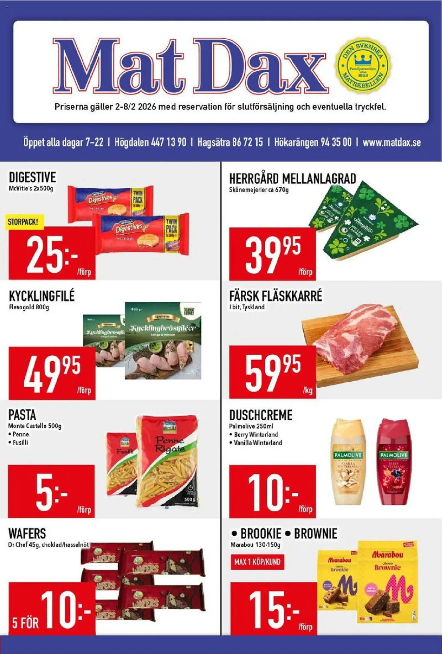 Matdax reklamblad aktuell från 02.02.2026 | Sida: 1 | Produkter: Digestive, Kycklingfile, Galler, Pasta