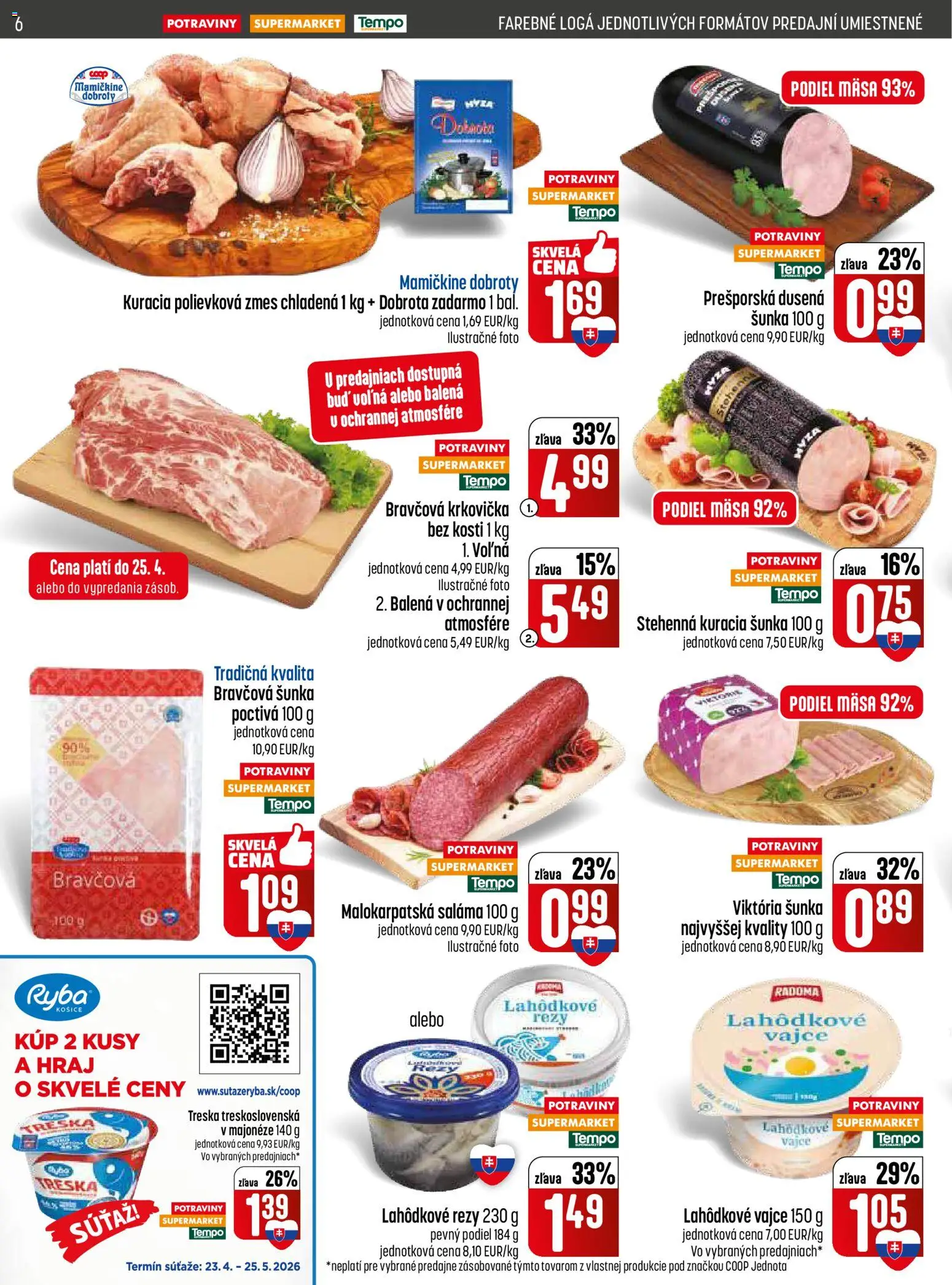 Nové COOP Jednota akcie – leták je platný od 23.04.2026 | Strana: 6 | Produkty: Bravčová krkovička, Ryba, Krkovička, Treska