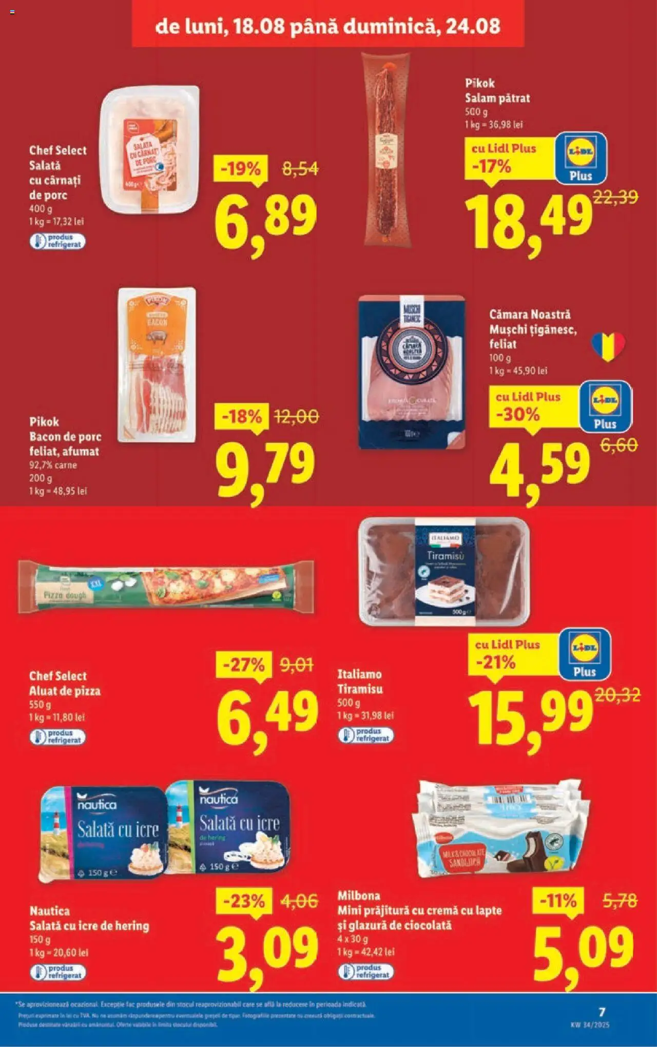 Catalog Lidl – valabil de la 18.08.2025 | Pagină: 7 | Produse: Salam, Pizza, Kanca, Salată cu icre
