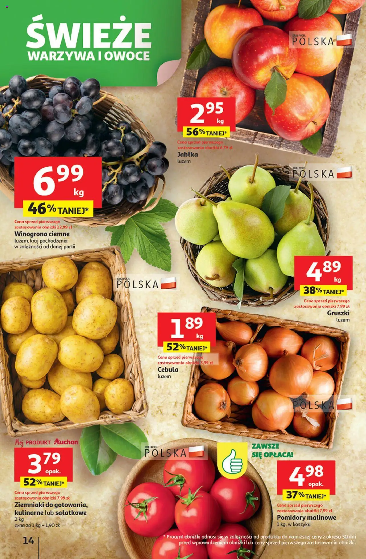 Auchan Gazetka - Pewność niskich cen Hipermarket od 18.09.2025 | Strona: 14 | Produkty: Winogrona, Jabłka, Ziemniaki, Owoce