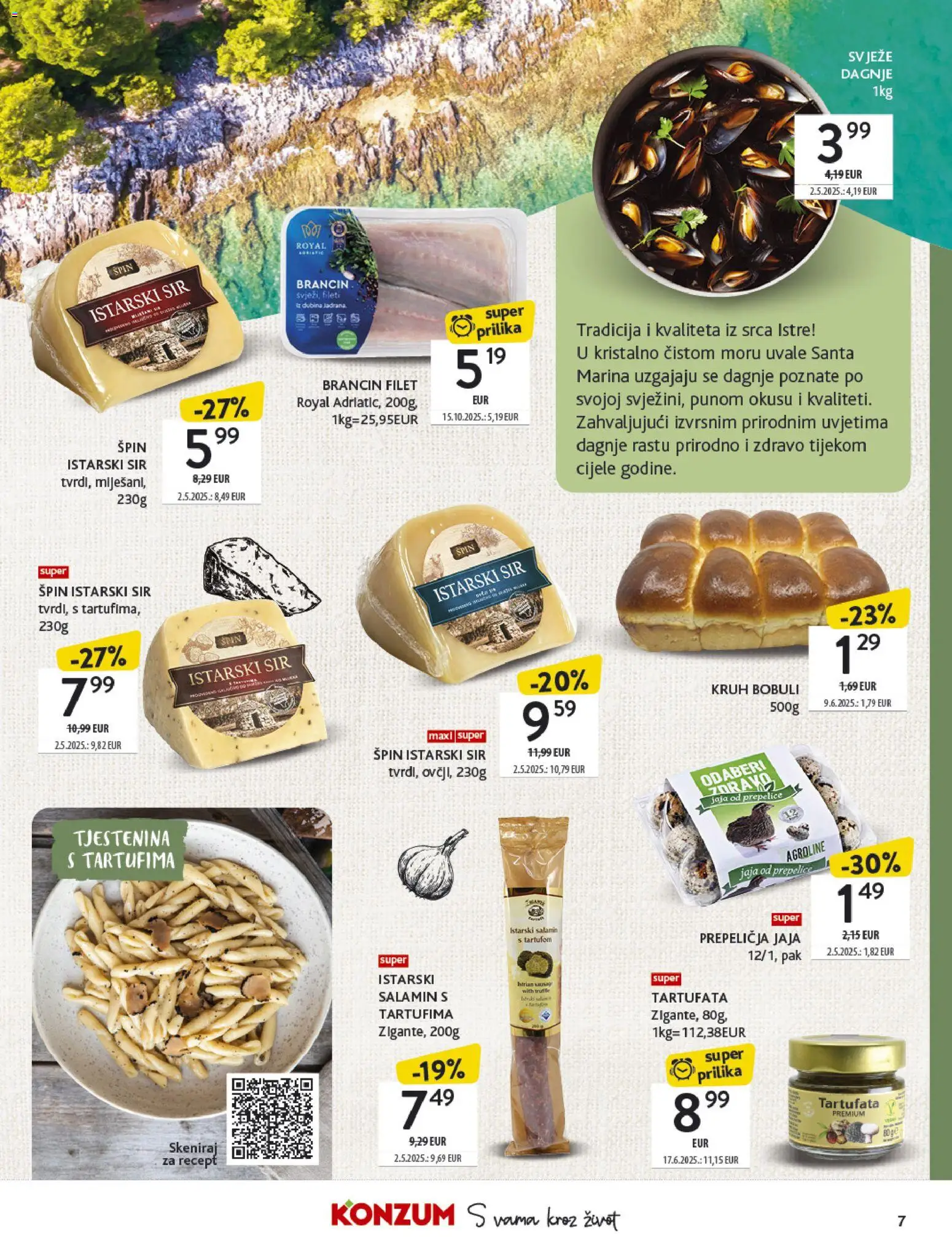 Konzum katalog | vrijedi od 27.10.2025 | Stranica: 7 | Proizvodi: Jaja, Kruh, Brancin, Dagnje
