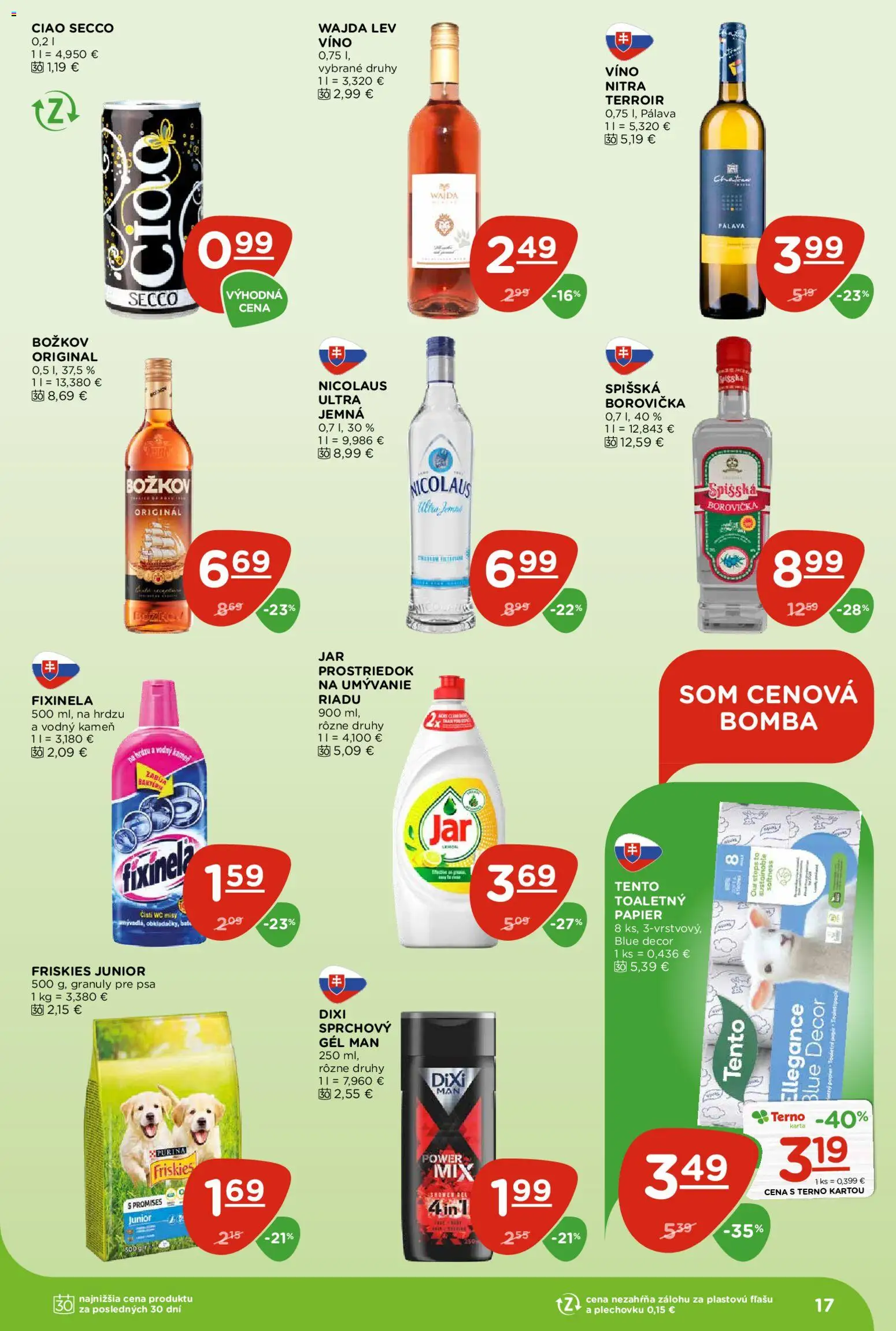 Nové Terno akcie – leták je platný od 15.01.2026 | Strana: 17 | Produkty: Friskies, Víno, Borovička, Wc