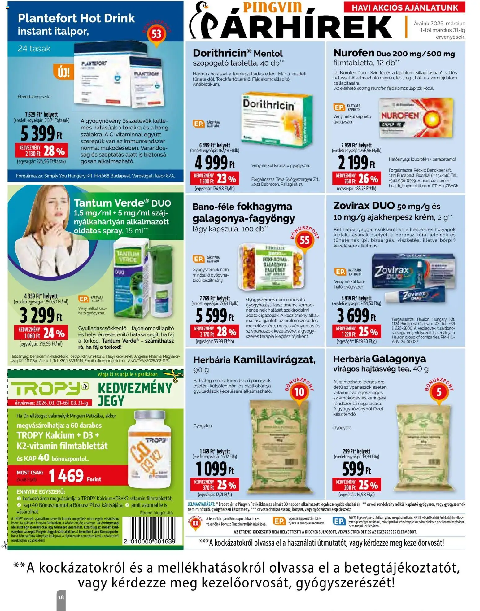 Pingvin Patika akciós ujság - amely érvényes a következő dátumtól: 01.03.2026 | Oldal: 18 | Termékek: Fokhagyma, Bor, Gyógyszerek
