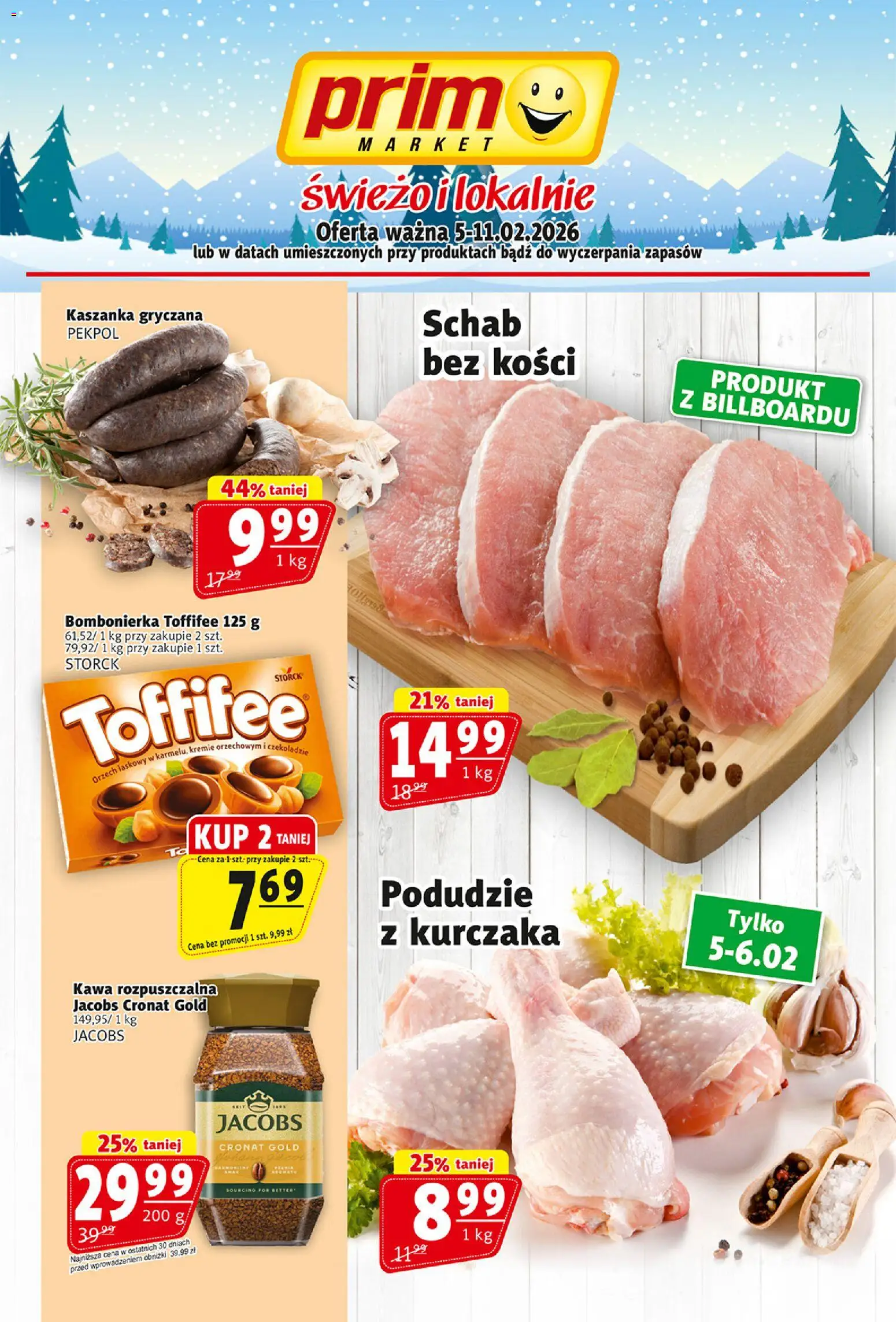 Prim Market Gazetka od 05.02.2026 | Strona: 1 | Produkty: Kawa rozpuszczalna, Bombonierka, Toffifee, Kaszanka
