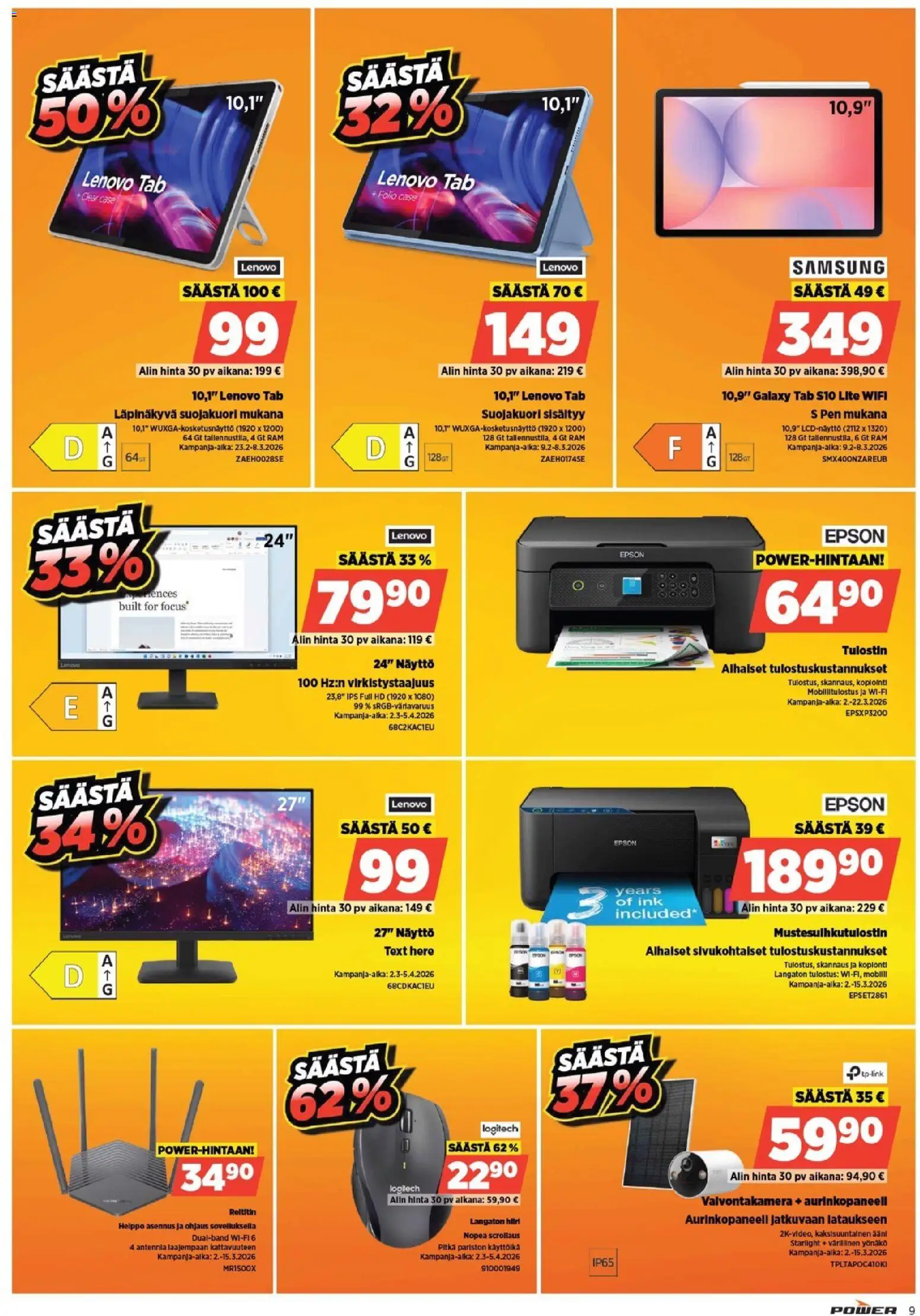 Power tarjoukset – voimassa 08.03.2026 alkaen | Sivu: 11 | Tuotteet: Valvontakamera, Reititin, Näyttö, Hiiri