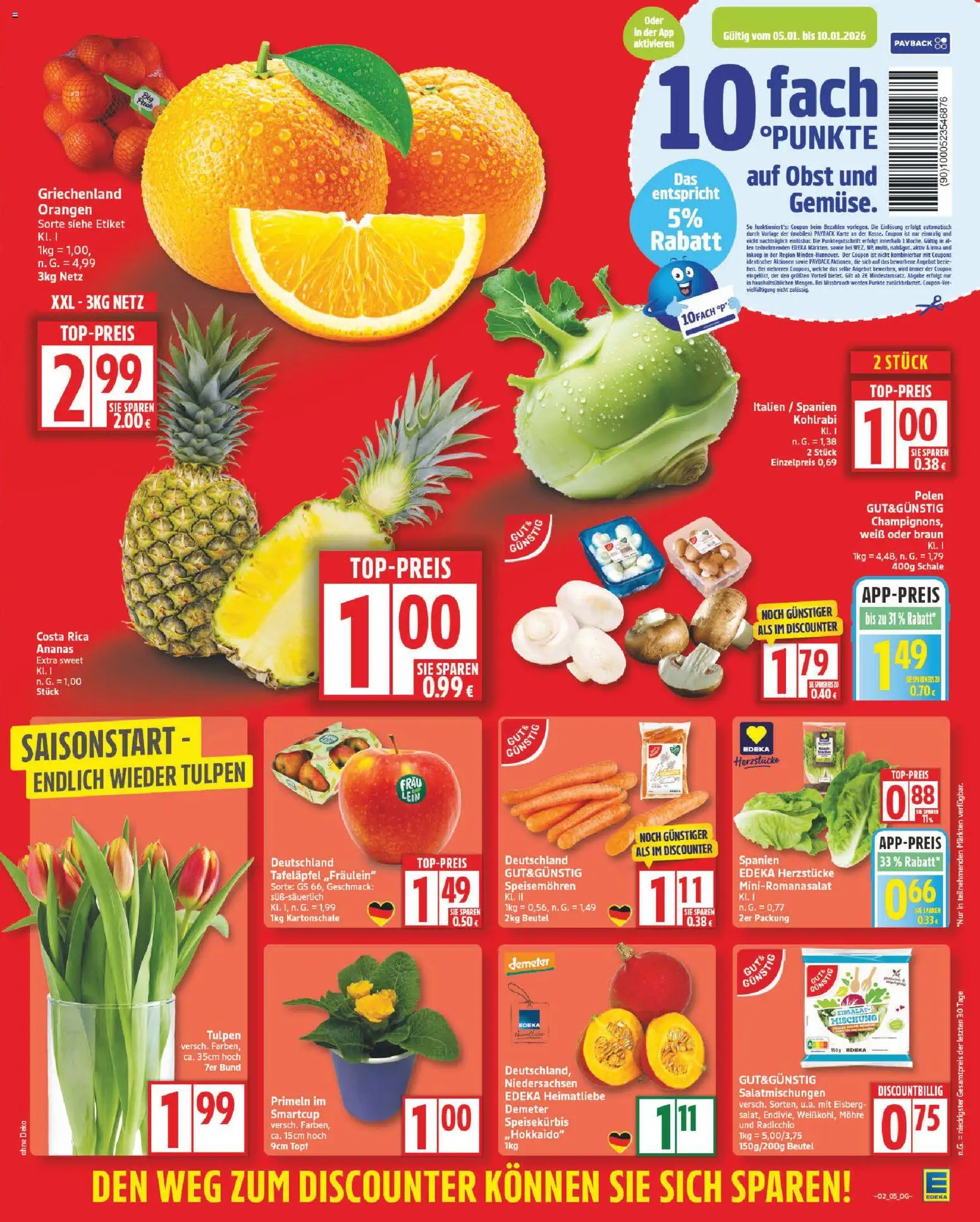 Edeka Prospekt 	 – gültig ab 05.01.2026 | Seite: 5 | Produkte: Kohlrabi, Orangen, Ananas, Obst