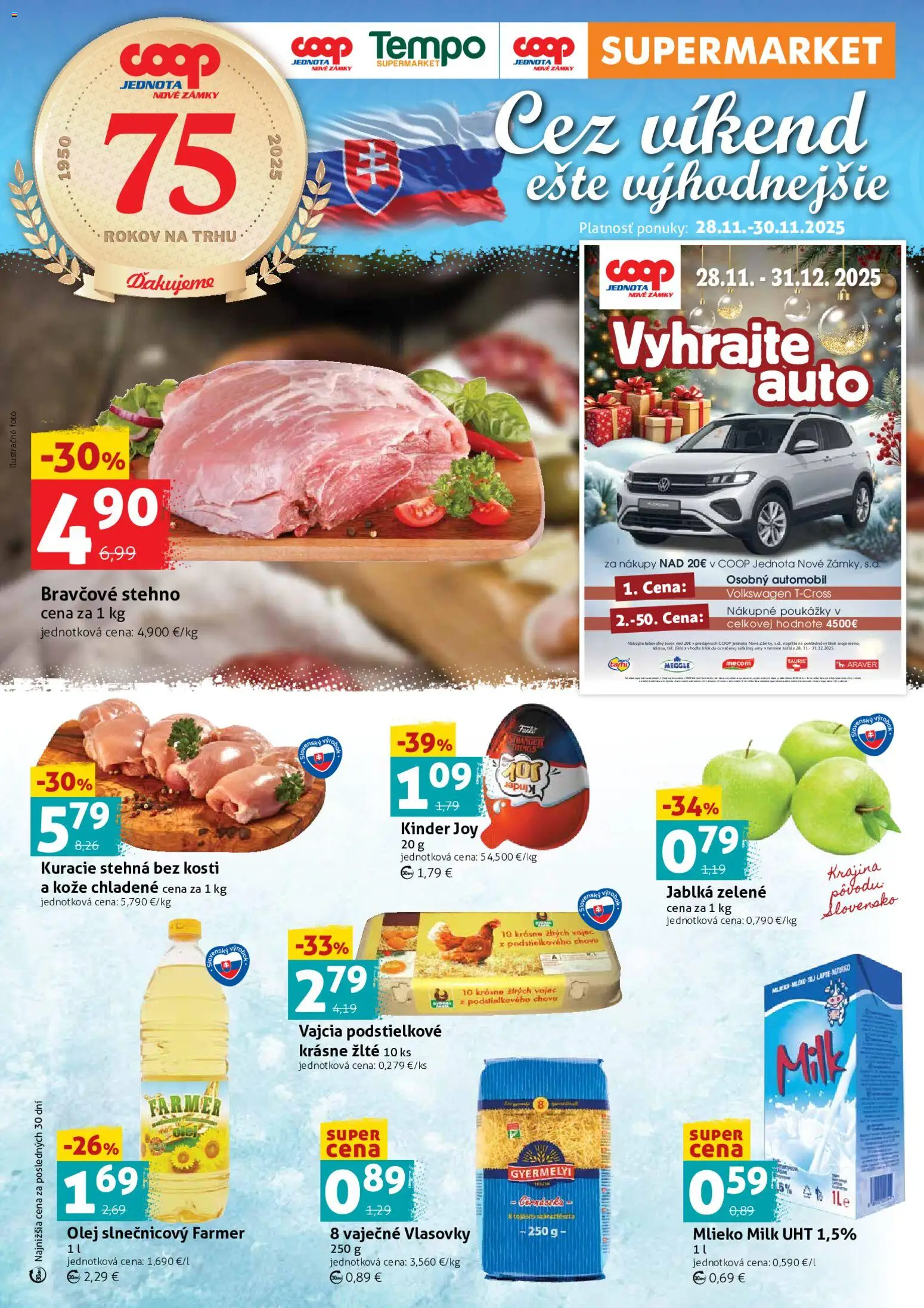Nové COOP Jednota akcie – leták je platný od 28.11.2025 | Strana: 1 | Produkty: Vajcia, Kinder, Bravčové stehno, Kuracie stehná