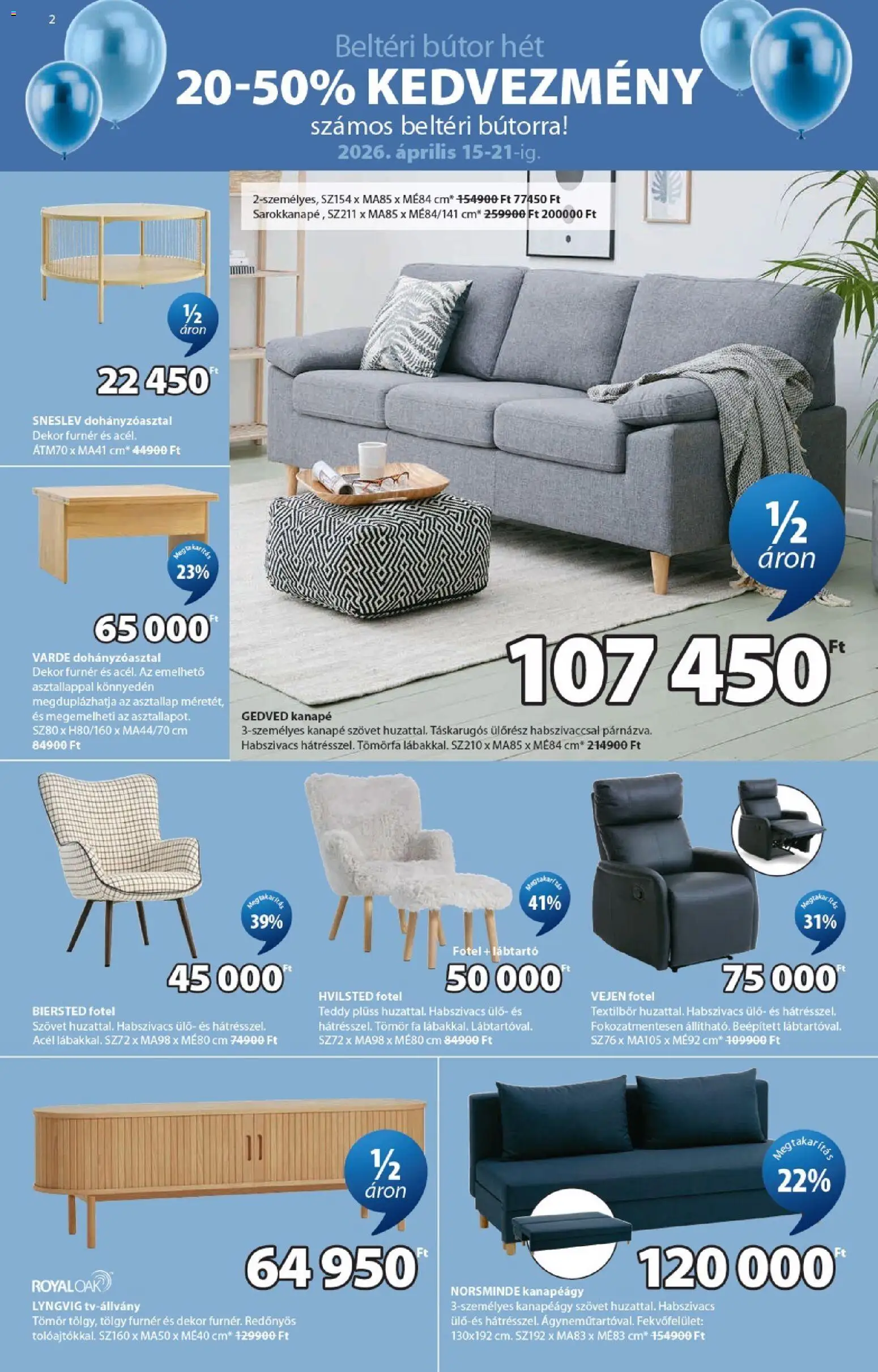 JYSK akciós ujság - amely érvényes a következő dátumtól: 15.04.2026 | Oldal: 2 | Termékek: Bútor, Plüss, Kanapéágy, Lábtartó