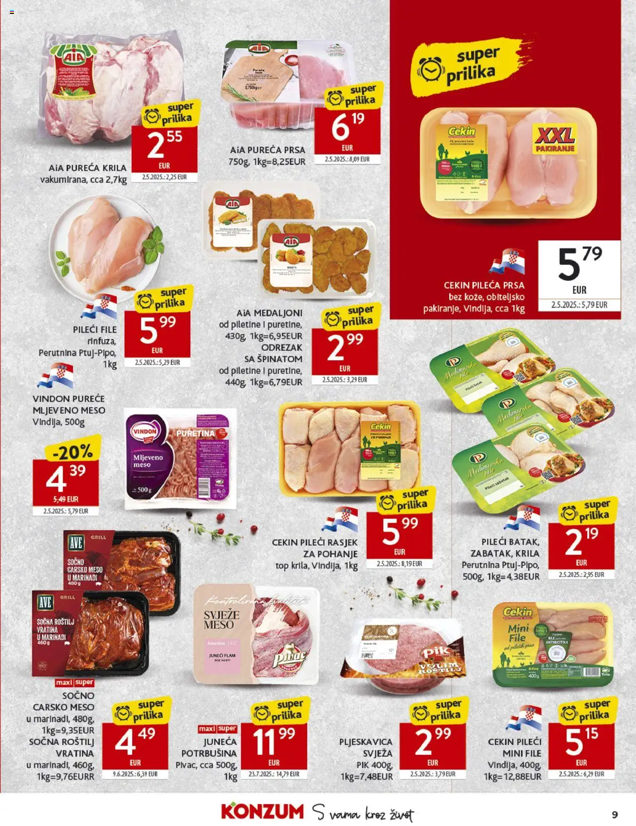Konzum katalog | vrijedi od 27.08.2025 | Stranica: 9 | Proizvodi: Puretina, Pileći file, Mljeveno meso, Pileća prsa