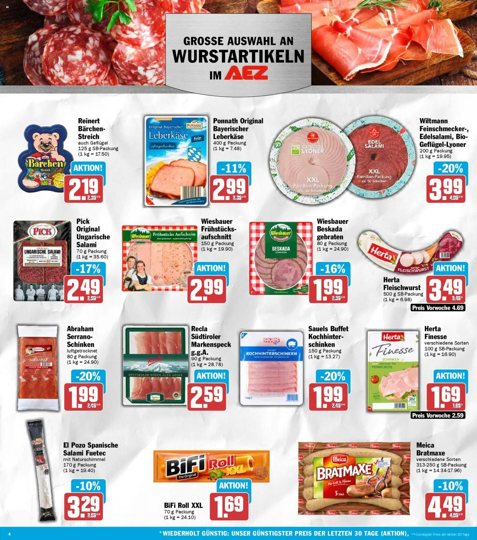 AEZ Prospekt 	 – gültig ab 13.04.2026 | Seite: 4 | Produkte: Herta fleischwurst, Bifi, Schinken, Leberkase