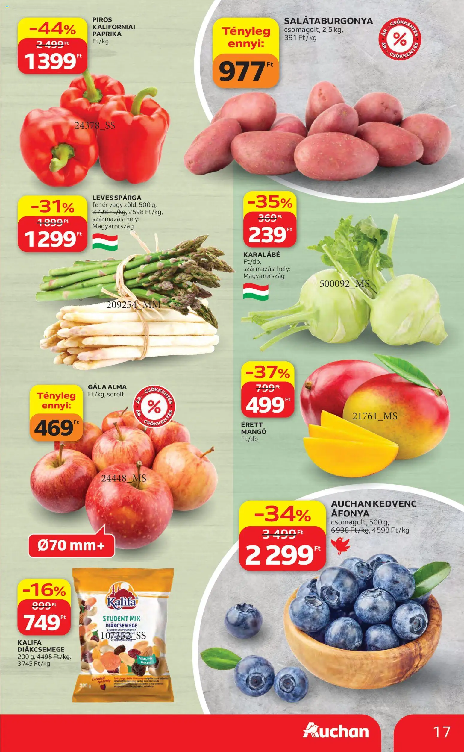Auchan akciós ujság - amely érvényes a következő dátumtól: 30.04.2026 | Oldal: 17 | Termékek: Áfonya, Diákcsemege, Alma, Mangó
