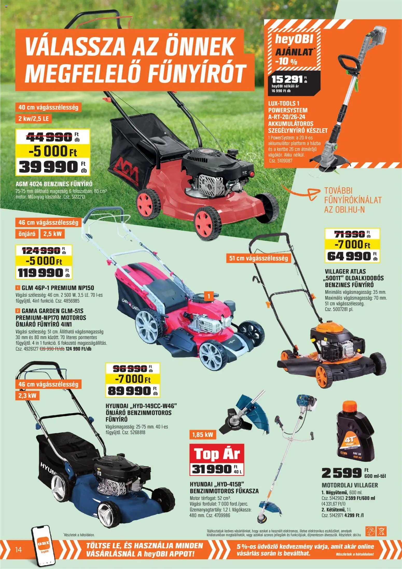 OBI akciós ujság - amely érvényes a következő dátumtól: 28.04.2026 | Oldal: 14 | Termékek: Akkumulátor, Fűkasza, Motorolaj, Benzines fűnyíró