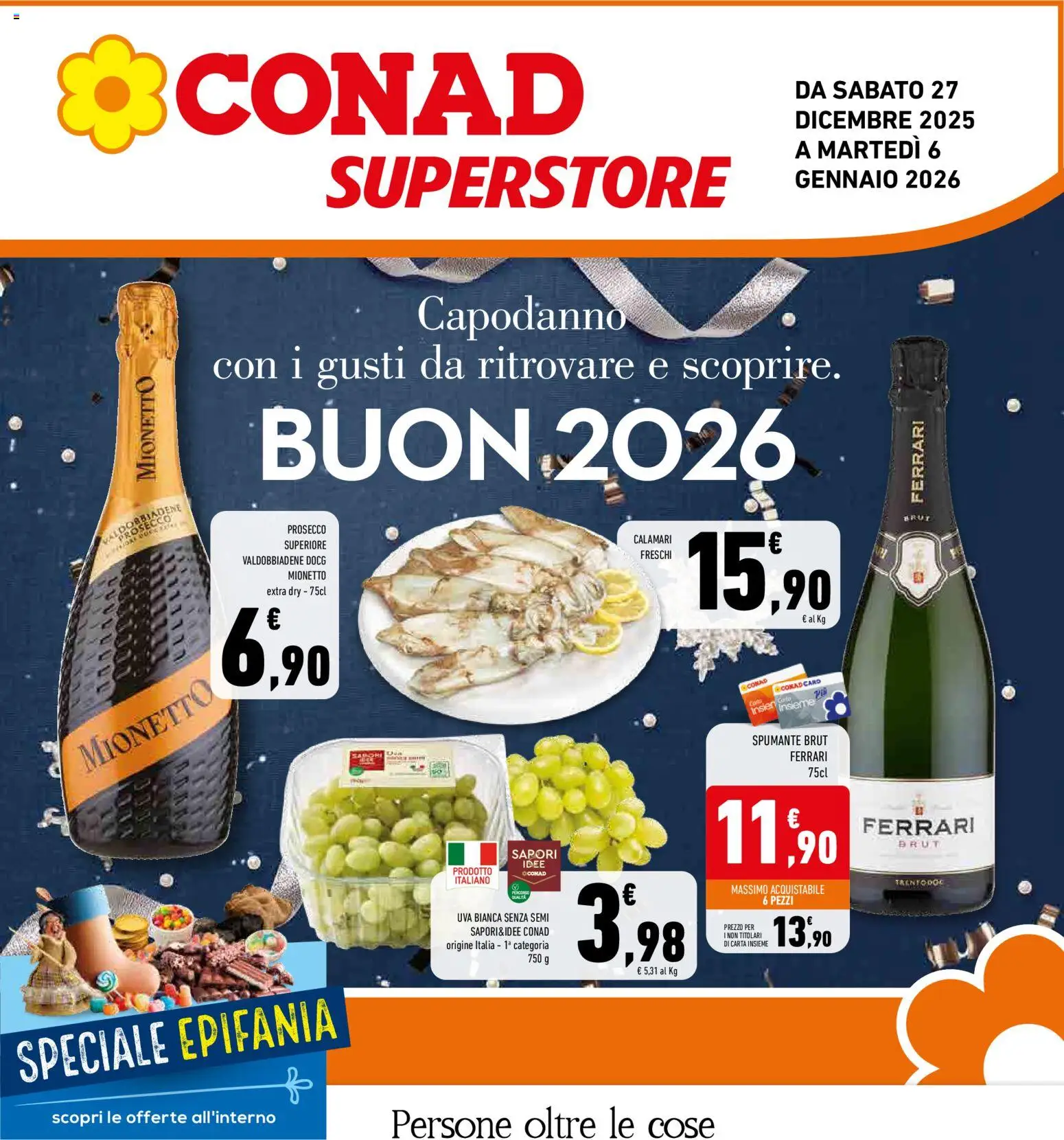 Volantino Conad del 27.12.2025 | Pagina: 1 | Prodotti: Prosecco, Calamari, Uva, Spumante