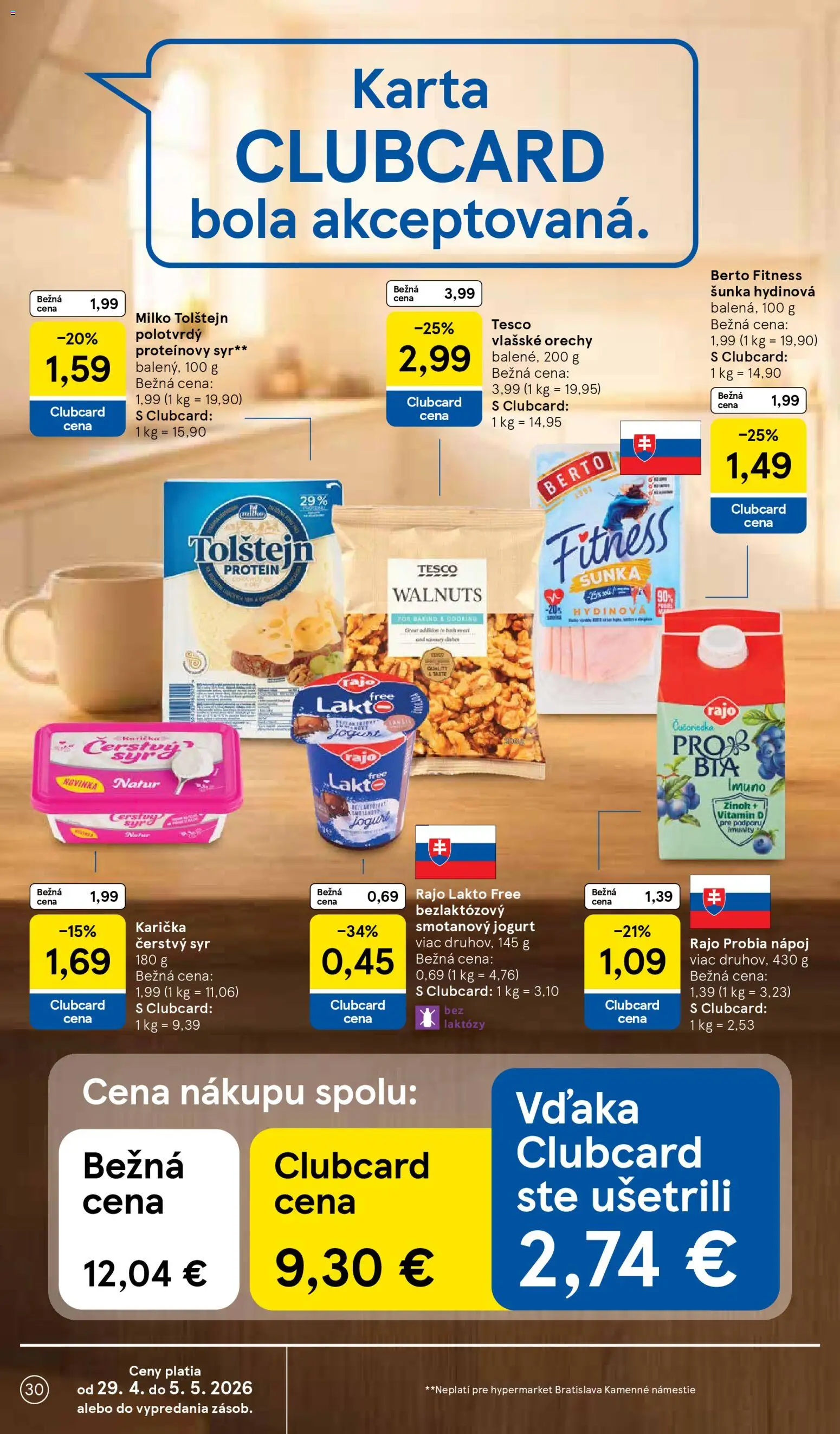 Nové Tesco akcie – leták je platný od 29.04.2026 | Strana: 30 | Produkty: Šunka, Protein, Orechy, Vlašské orechy