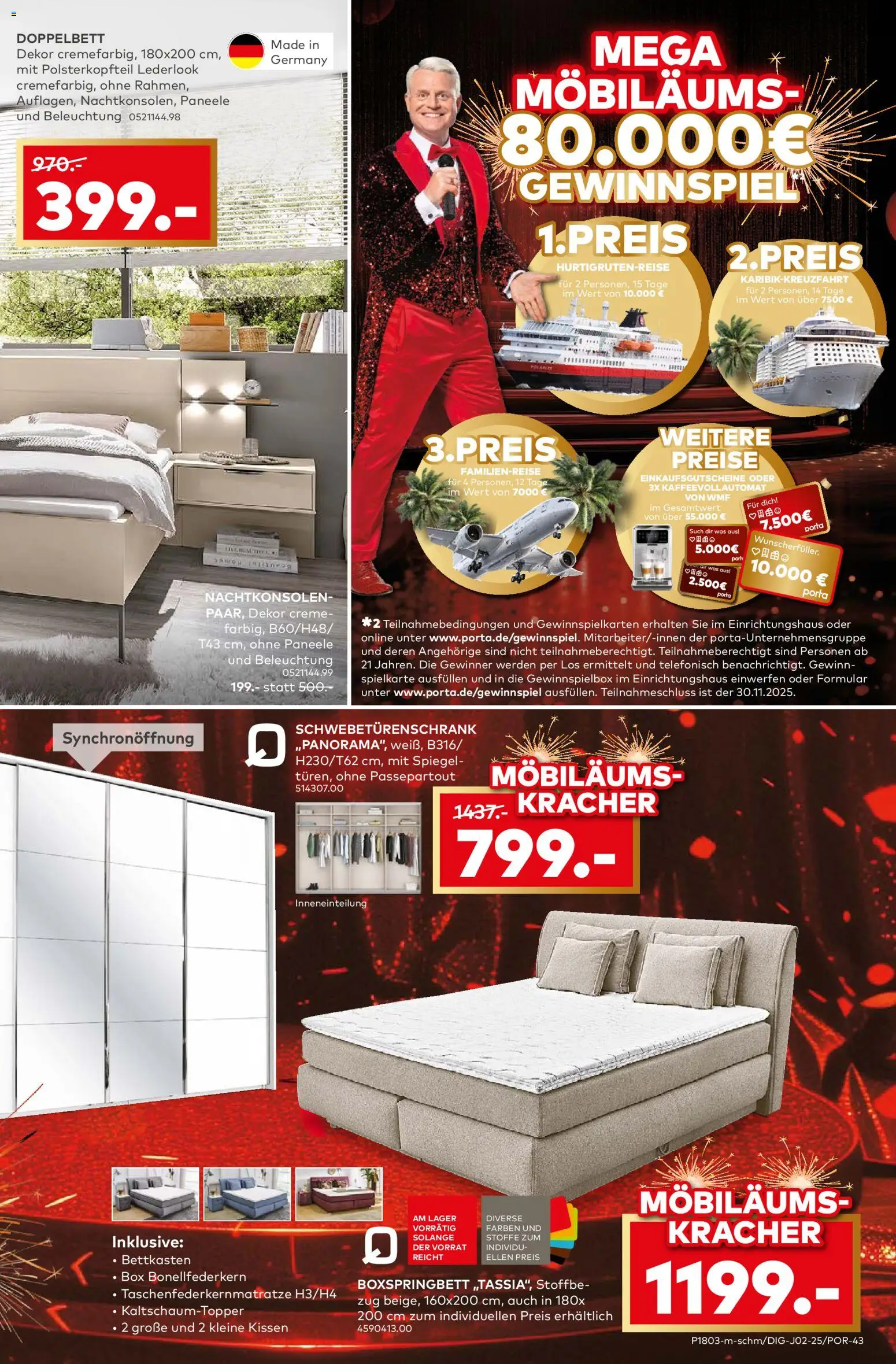 Porta! Möbiläums-Spar-Show mit Guido Cantz und 25% auf ALLE Möbel - Wallenhorst – gültig ab 27.10.2025 | Seite: 7 | Produkte: Schwebetürenschrank, Doppelbett, Box, Creme