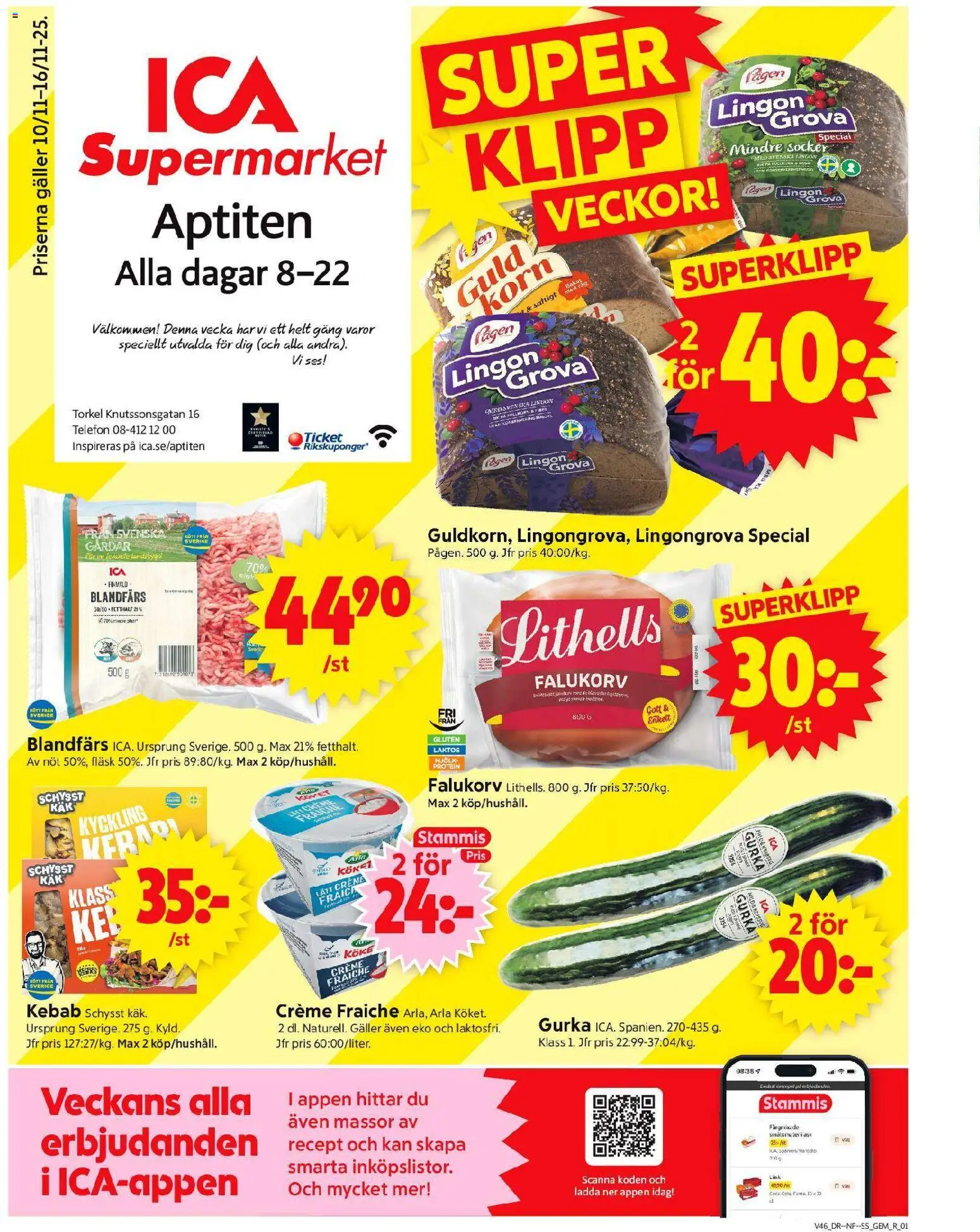ICA Supermarket reklamblad aktuell från 10.11.2025 | Sida: 1 | Produkter: Galler, Creme fraiche, Mjölk, Fläsk