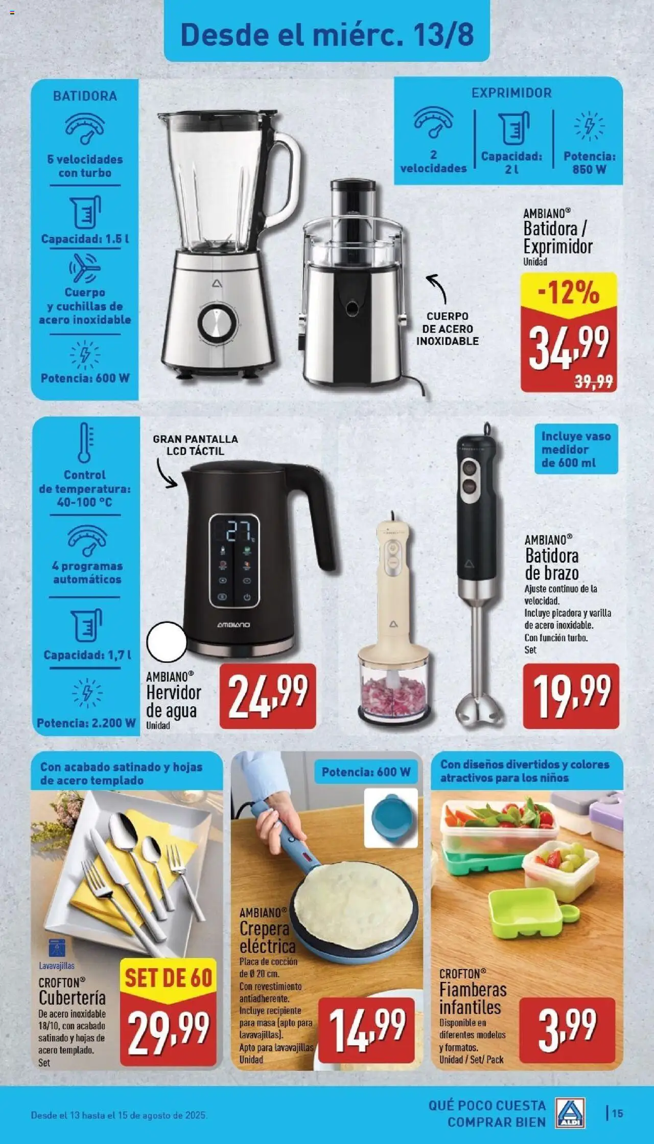Aldi folleto Península │ válido desde el 11.08.2025 | Página: 15 | Productos: Lavavajillas, Batidora, Exprimidor, Cubertería