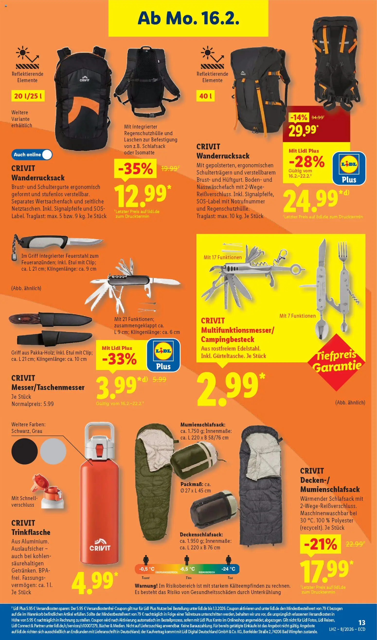 Lidl - Prospekt – gültig ab 16.02.2026 | Seite: 29 | Produkte: Bad, Schlafsack, Wanderrucksack