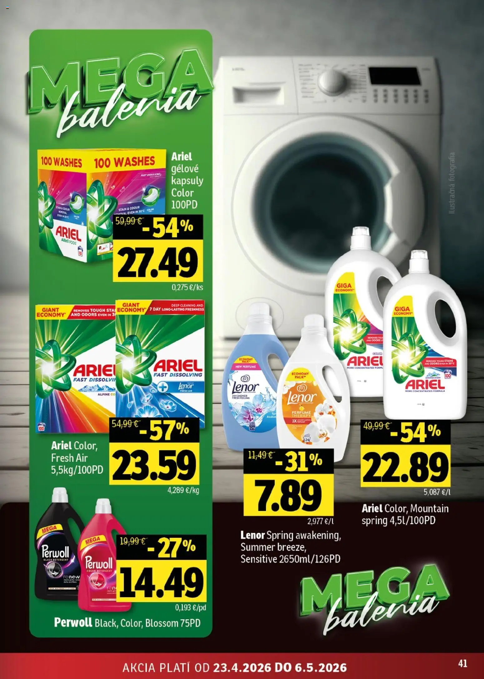 Nové Fresh akcie – leták je platný od 23.04.2026 | Strana: 41 | Produkty: Perwoll, Ariel, Lenor
