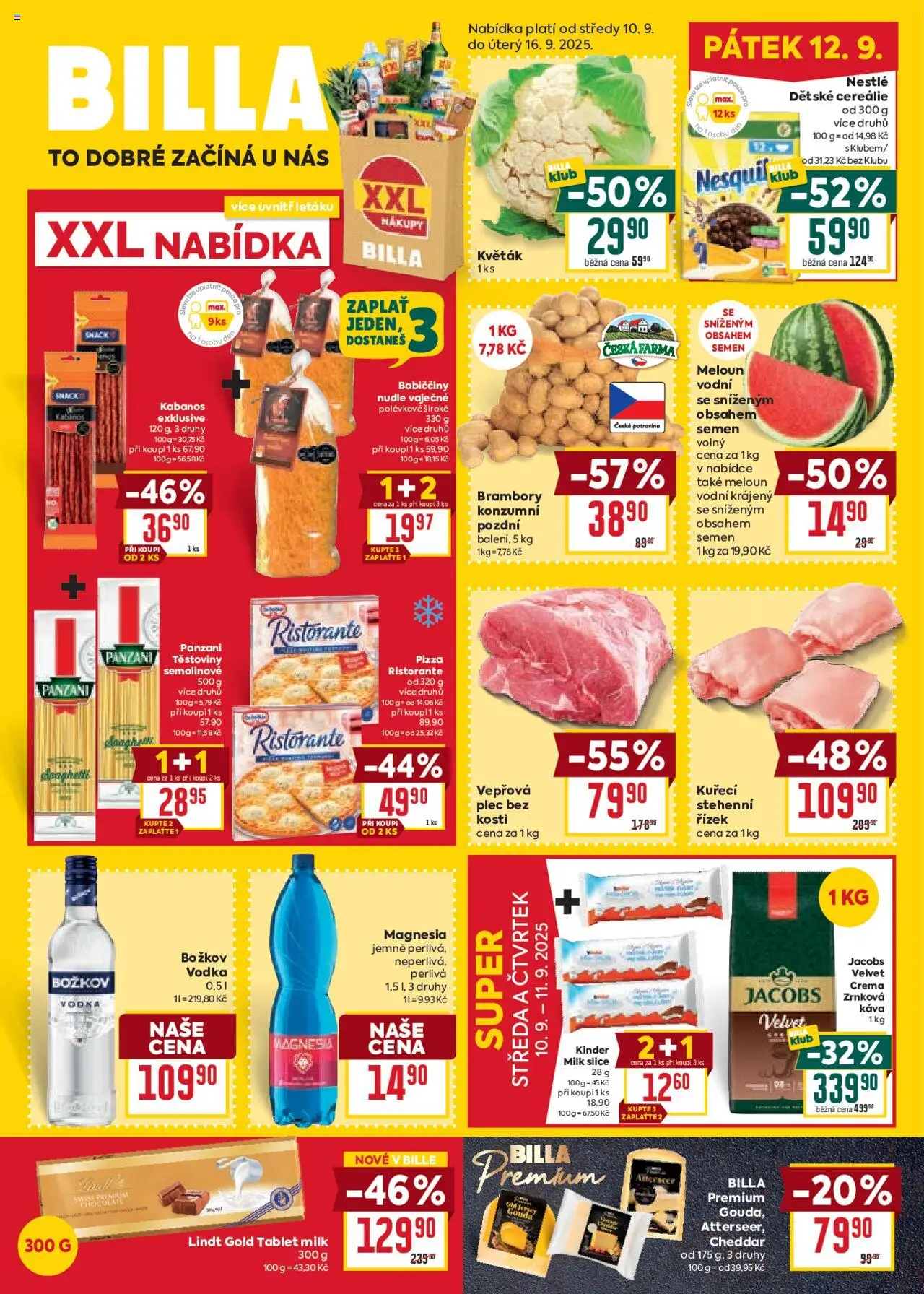 Billa Velký leták od 10.09.2025 | Strana: 1 | Produkty: Pizza, Cereálie, Brambory, Cheddar