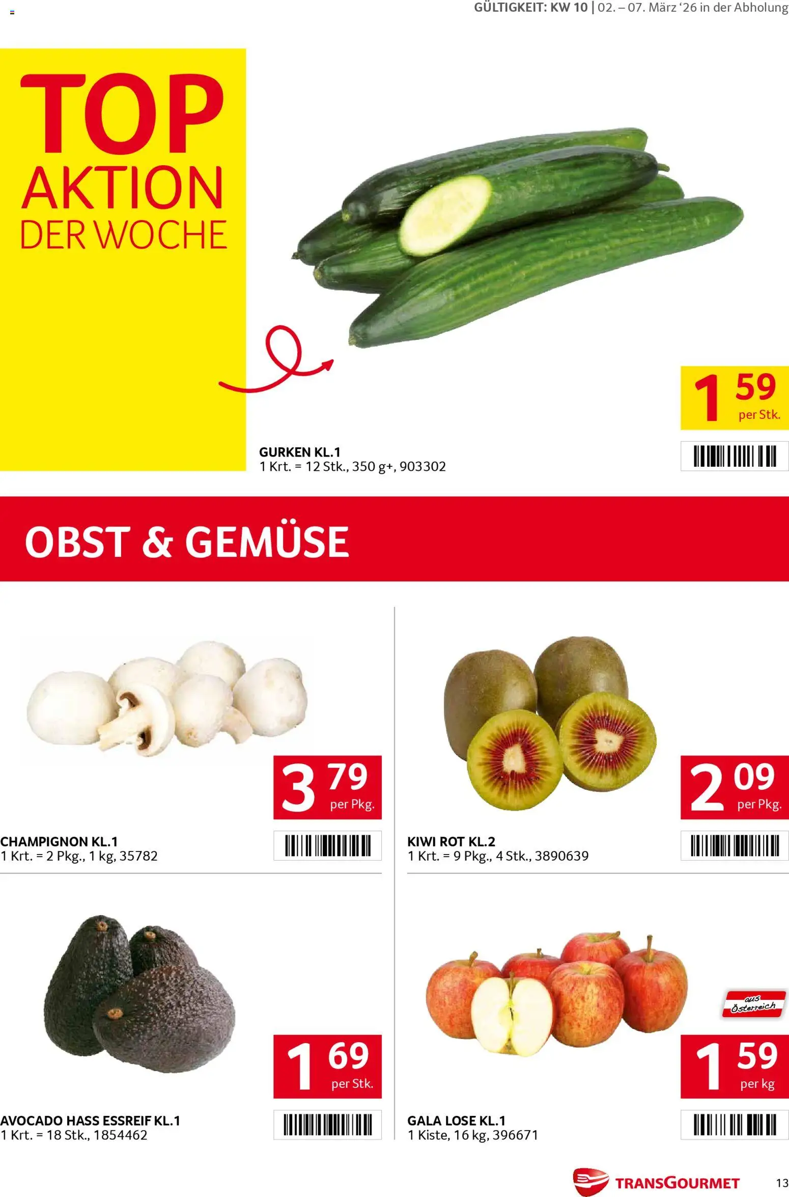 Transgourmet Flugblatt gültig ab 02.03.2026 | Seite: 13 | Produkte: Kiwi, Gurken, Avocado, Obst