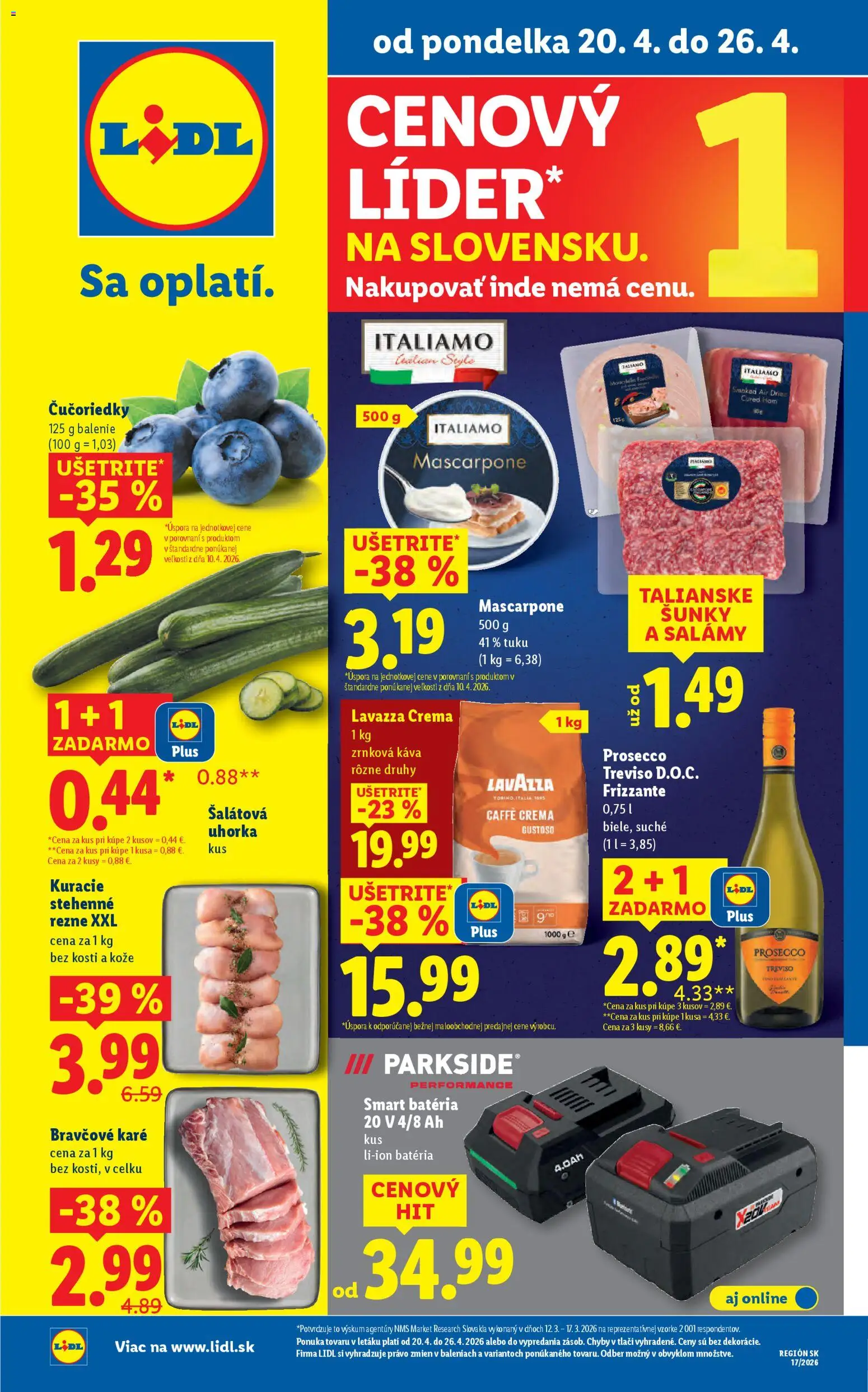 Nové Lidl akcie – leták je platný od 20.04.2026 | Strana: 1 | Produkty: Parkside, Káva, Čučoriedky, Šalátová uhorka
