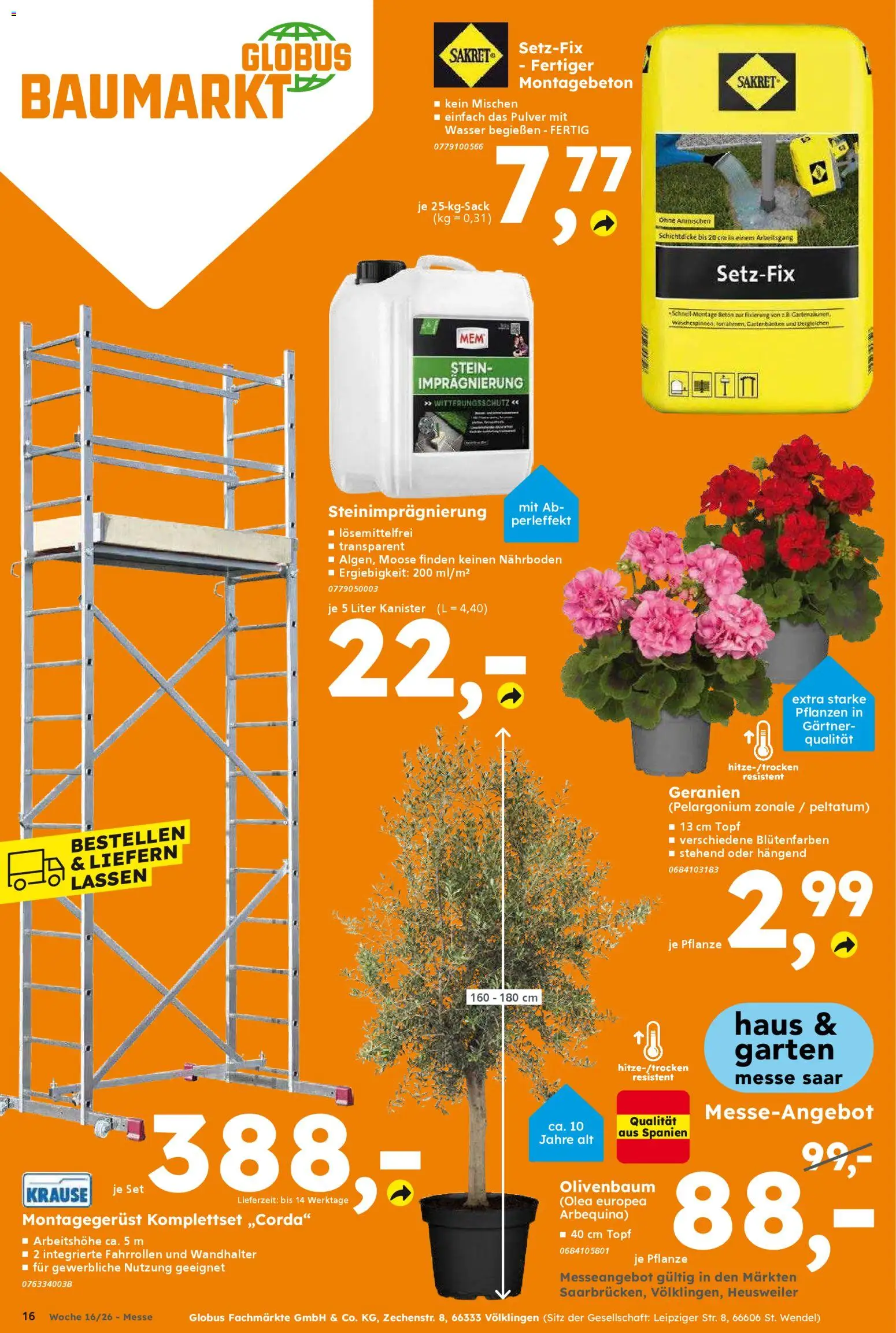 Globus Baumarkt Prospekt Saarbrücken	 – gültig ab 13.04.2026 | Seite: 20 | Produkte: Geranien, Wasser