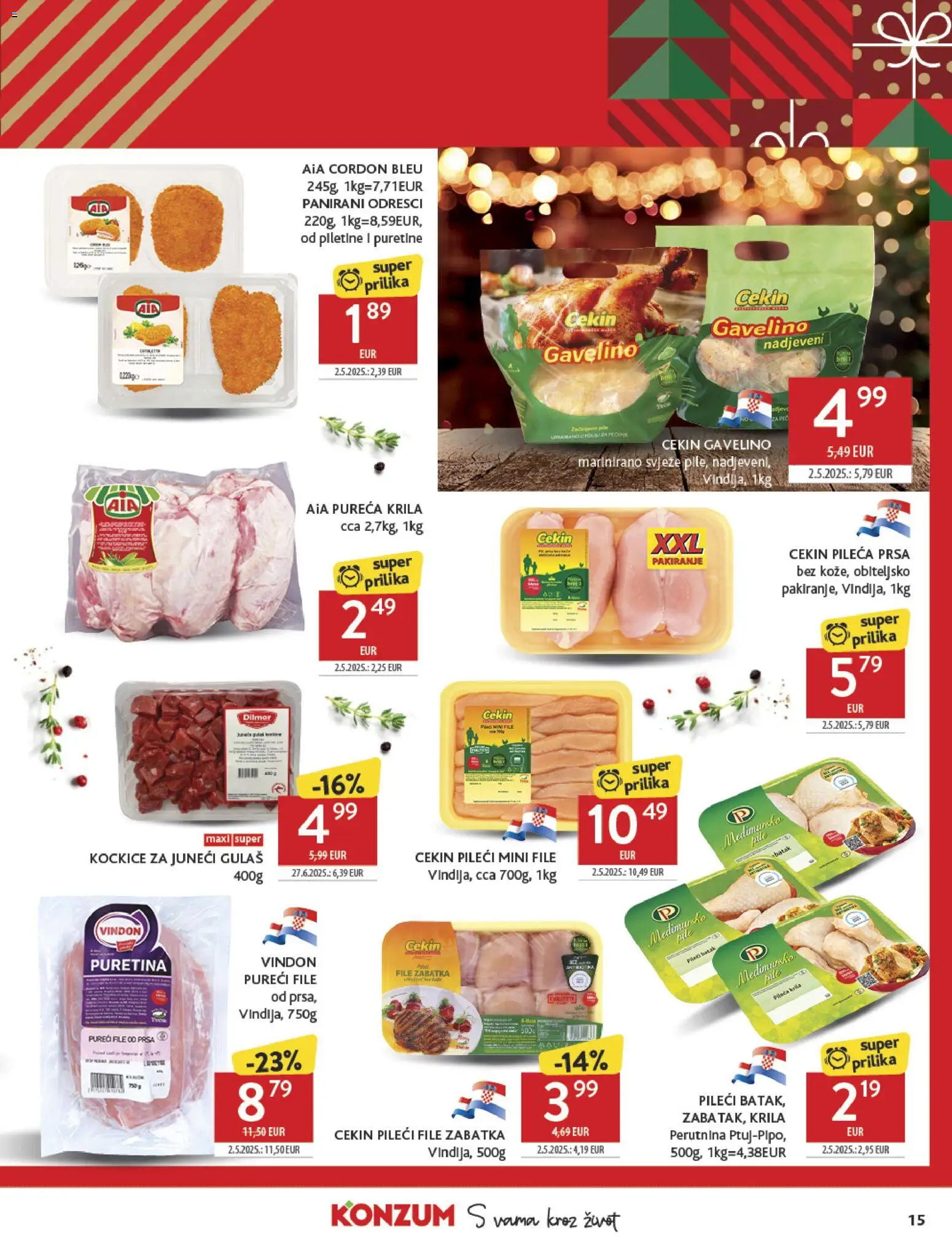Konzum katalog | vrijedi od 26.11.2025 | Stranica: 15 | Proizvodi: Puretina, Pileći file, Pileća prsa
