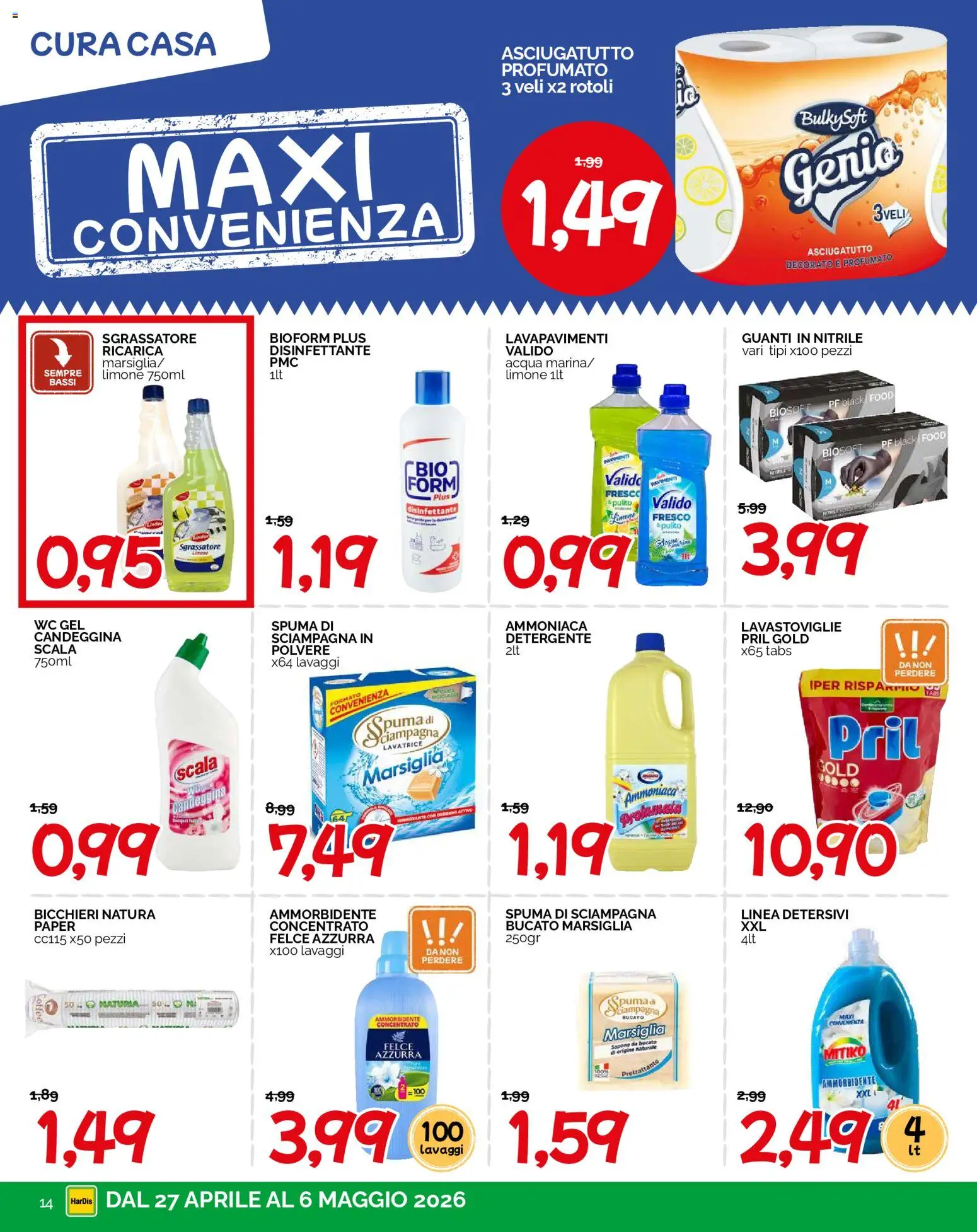 Volantino HarDis del 27.04.2026 | Pagina: 14 | Prodotti: Detergente, Candeggina, Guanti, Asciugatutto