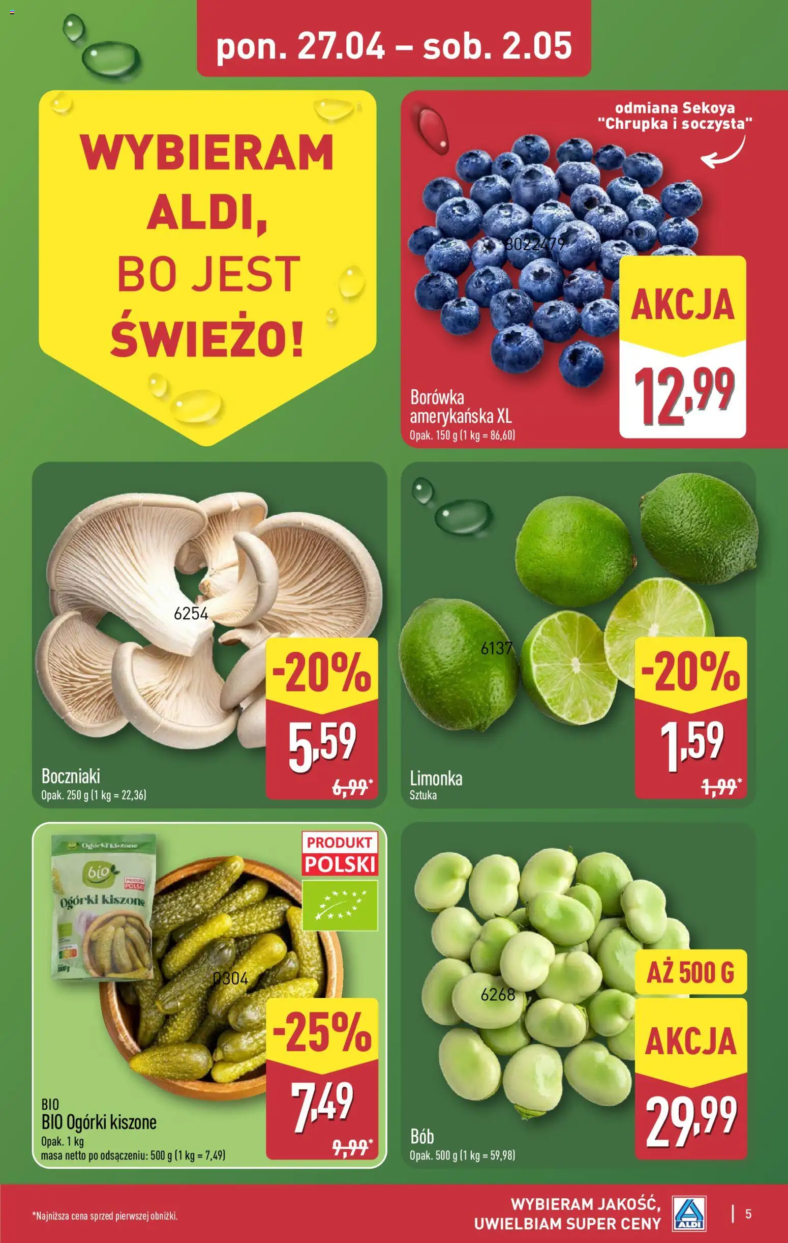 Aldi gazetka od 27.04.2026 | Strona: 5 | Produkty: Limonka, Borówka amerykańska, Boczniaki, Ogórki