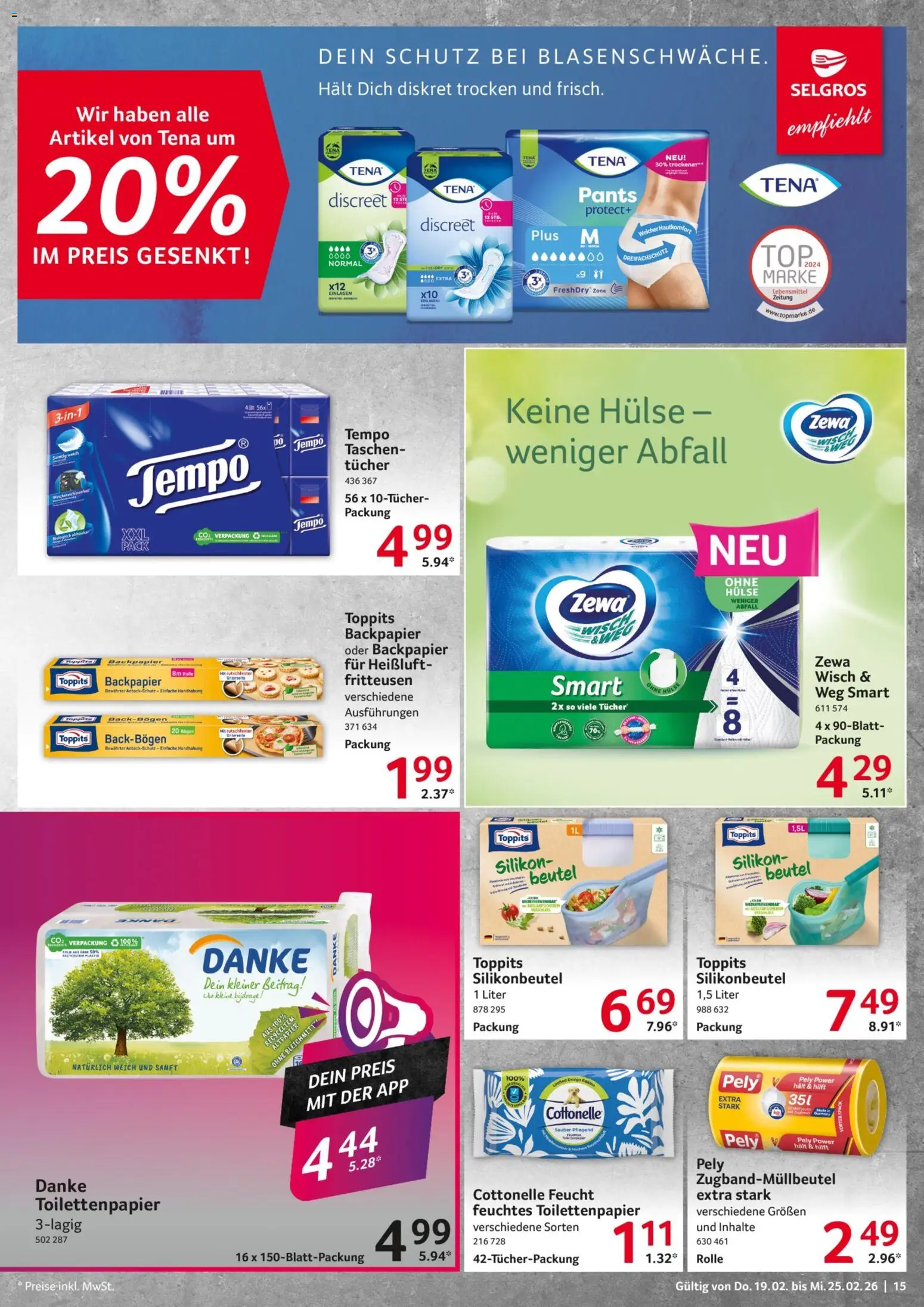 Selgros Prospekt 	 – gültig ab 19.02.2026 | Seite: 15 | Produkte: Zewa, Tempo, Toilettenpapier, Feuchtes Toilettenpapier