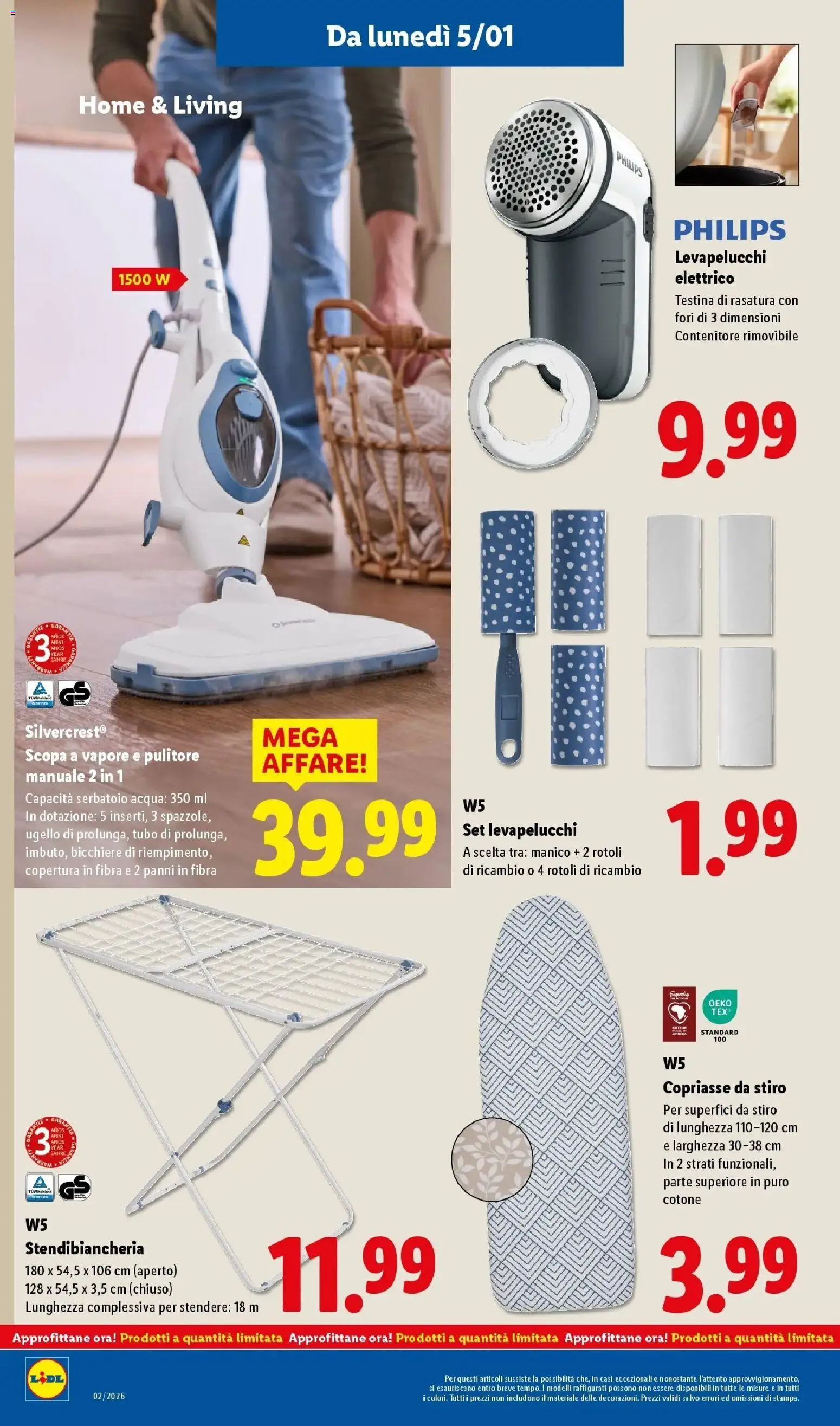 Volantino Lidl del 05.01.2026 | Pagina: 32 | Prodotti: Levapelucchi, Tubo, Stendibiancheria, Scopa a vapore