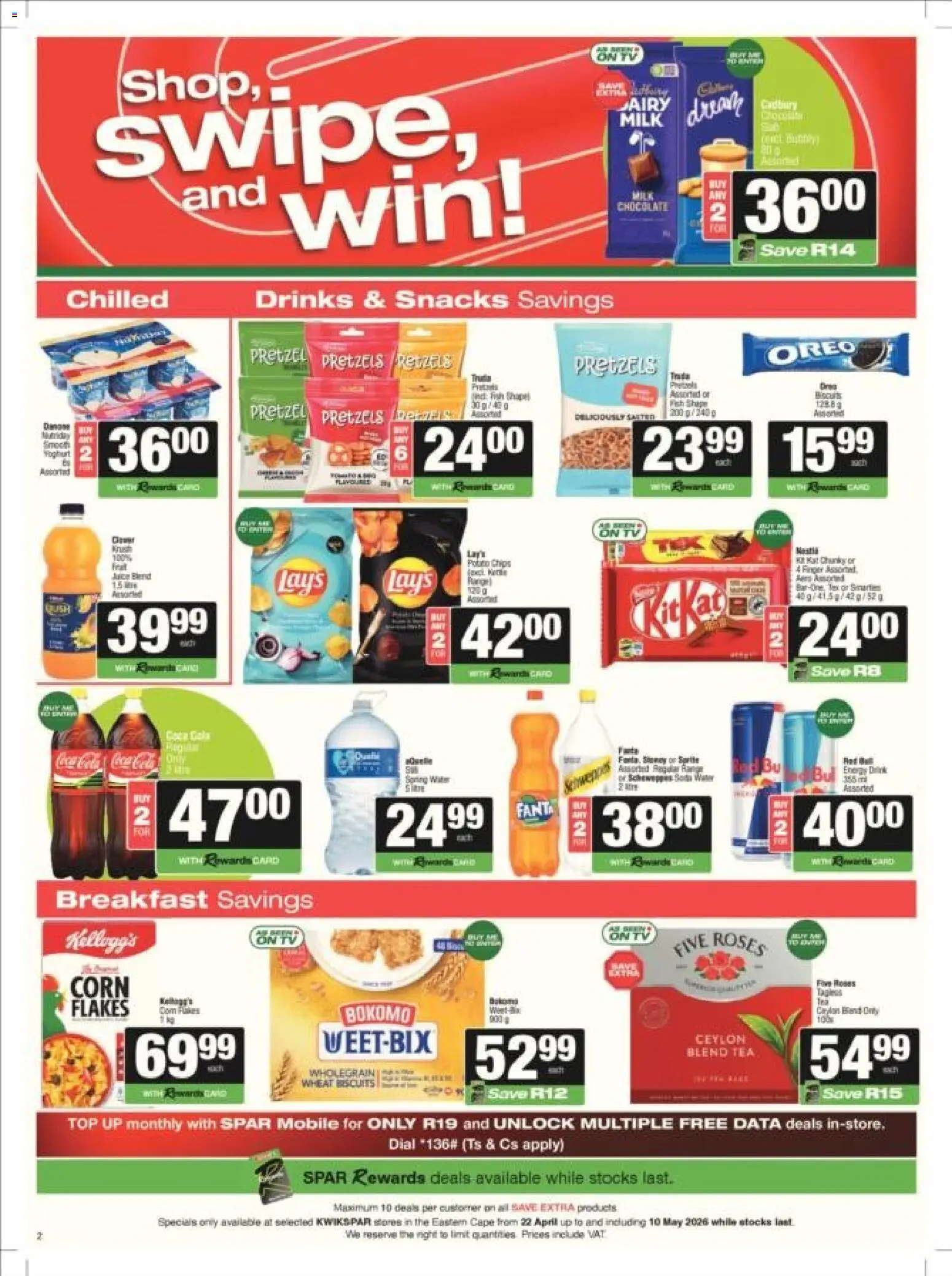 New KWIKSPAR catalogue – valid from 22.04.2026 | Page: 2 | Products: Milk, Biscuits, Chocolate, Fish