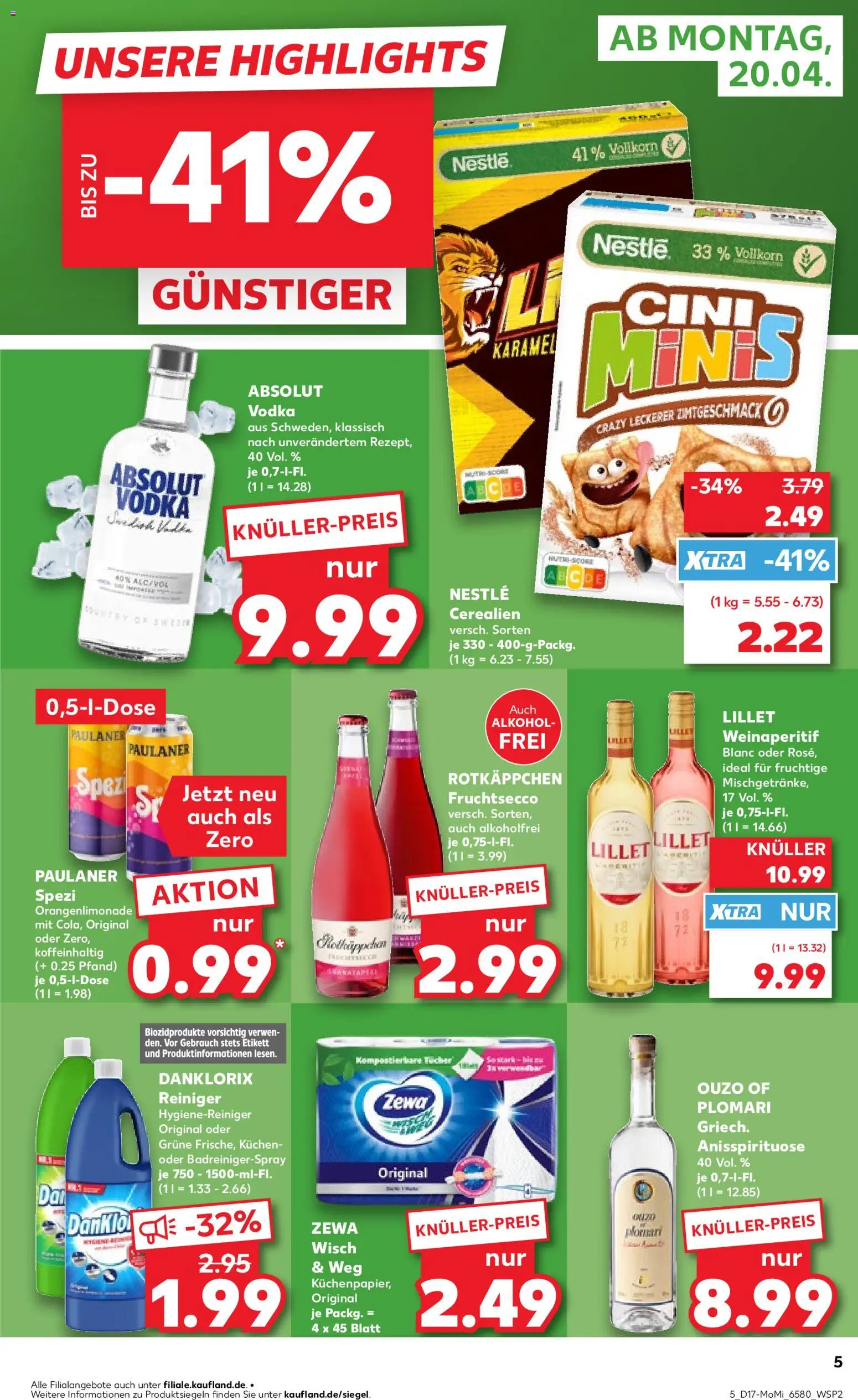 Kaufland Prospekt Kiel	 – gültig ab 20.04.2026 | Seite: 5 | Produkte: Ouzo, Paulaner spezi, Lillet, Rotkäppchen