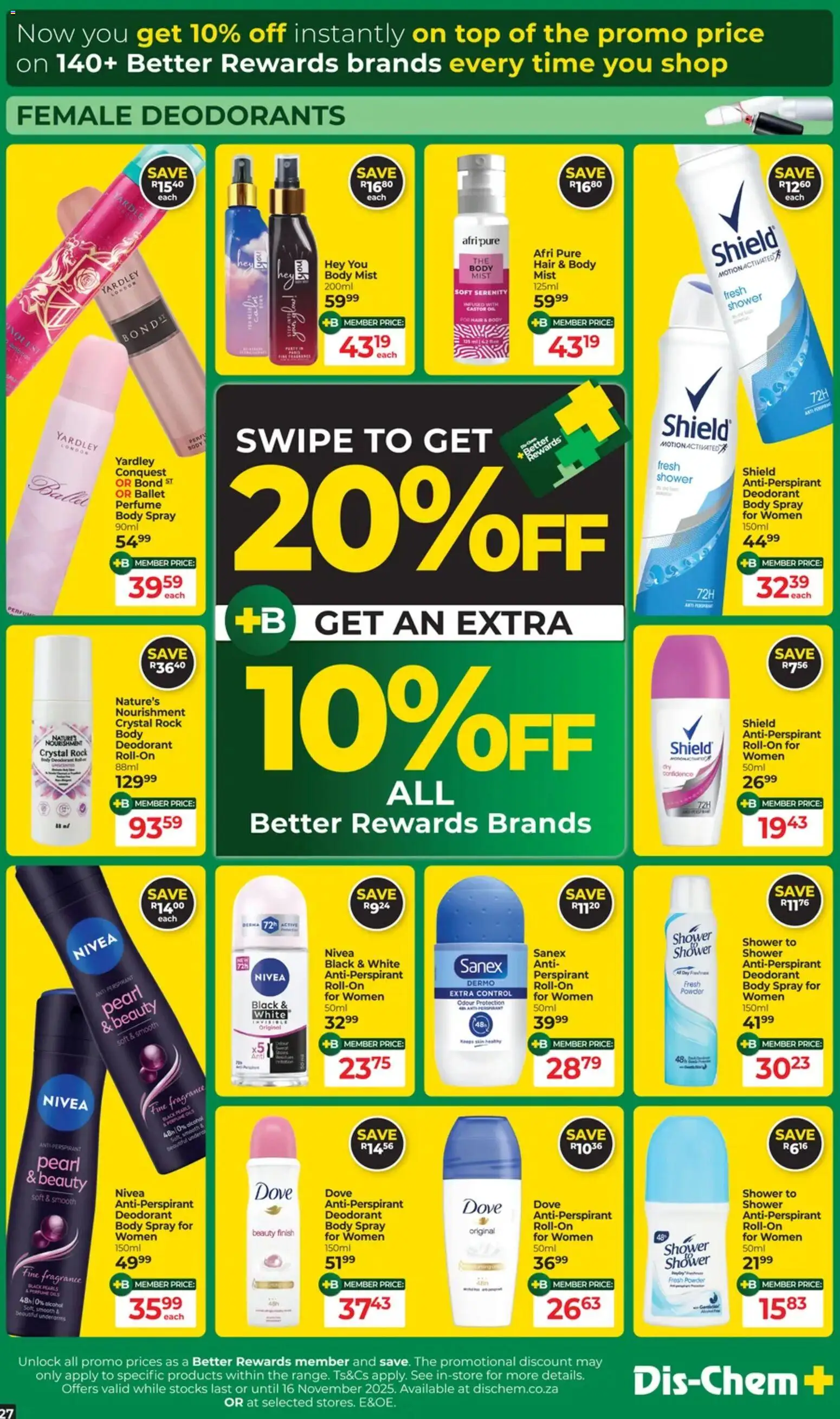 New Dis-Chem catalogue – valid from 21.10.2025 | Page: 27 | Products: Shower, Body spray, Perfume, Powder