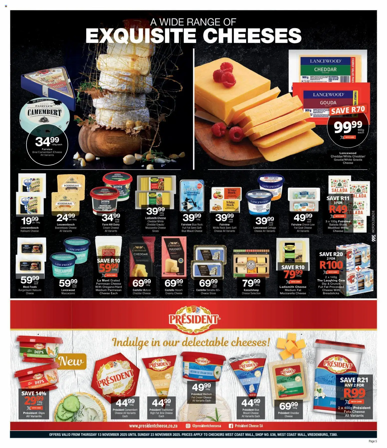 New Checkers catalogue – valid from 13.11.2025 | Page: 5 | Products: Cheese, Cream, Cottage cheese, Máscara de pestañas