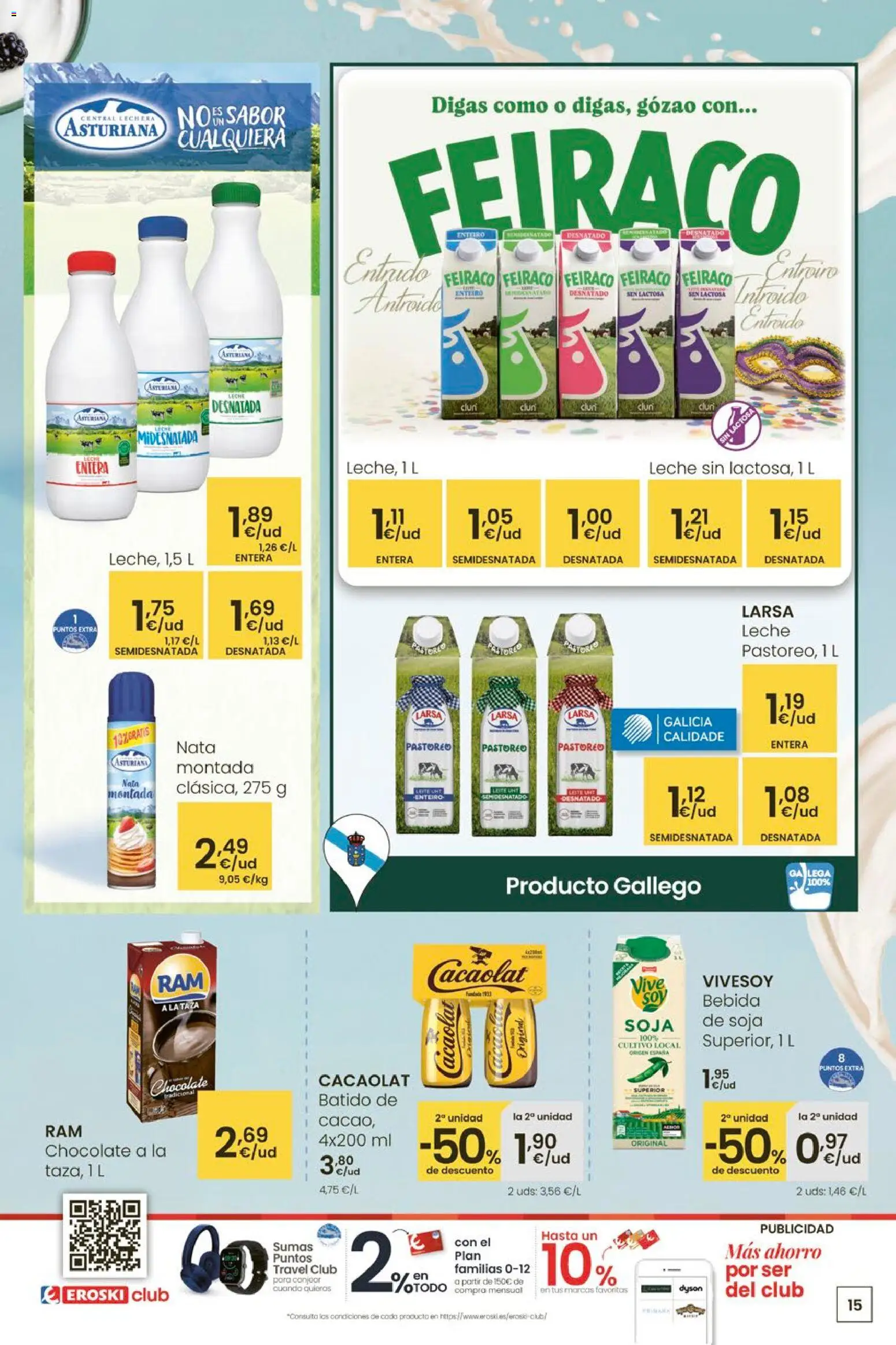 Eroski - Carnaval del ahorro │ válido desde el 12.02.2026 | Página: 15 | Productos: Leche desnatada, Leche, Chocolate
