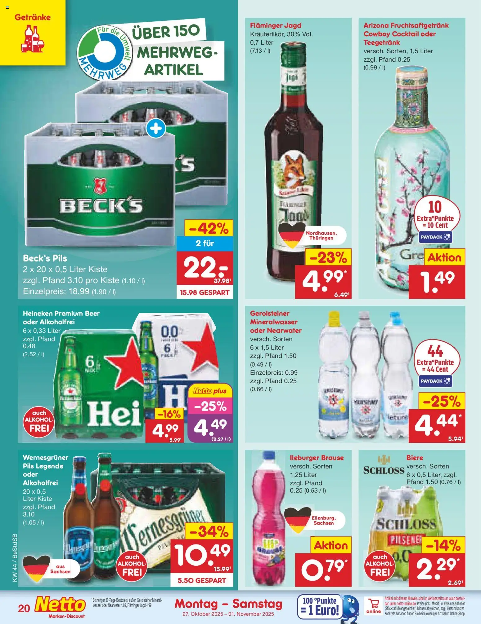 Netto Marken-Discount Prospekt 	 – gültig ab 27.10.2025 | Seite: 22 | Produkte: Pils, Wernesgruner, Heineken, Gerolsteiner