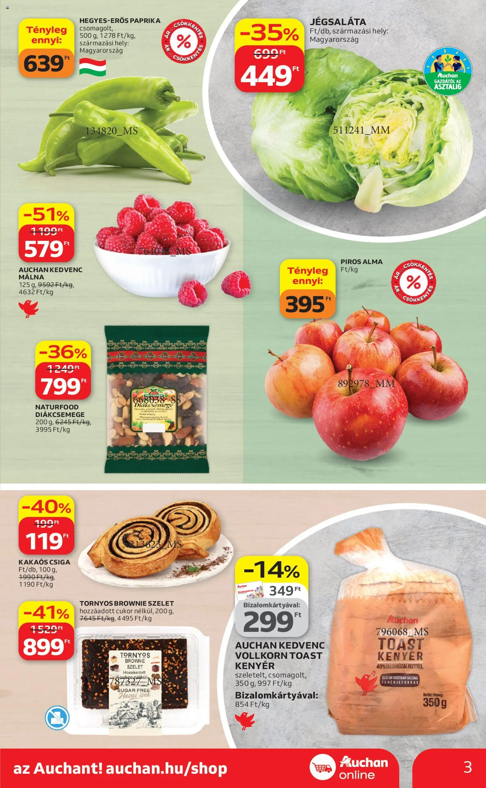 Auchan akciós ujság - amely érvényes a következő dátumtól: 23.04.2026 | Oldal: 3 | Termékek: Diákcsemege, Kenyér, Kakaós csiga, Cukor