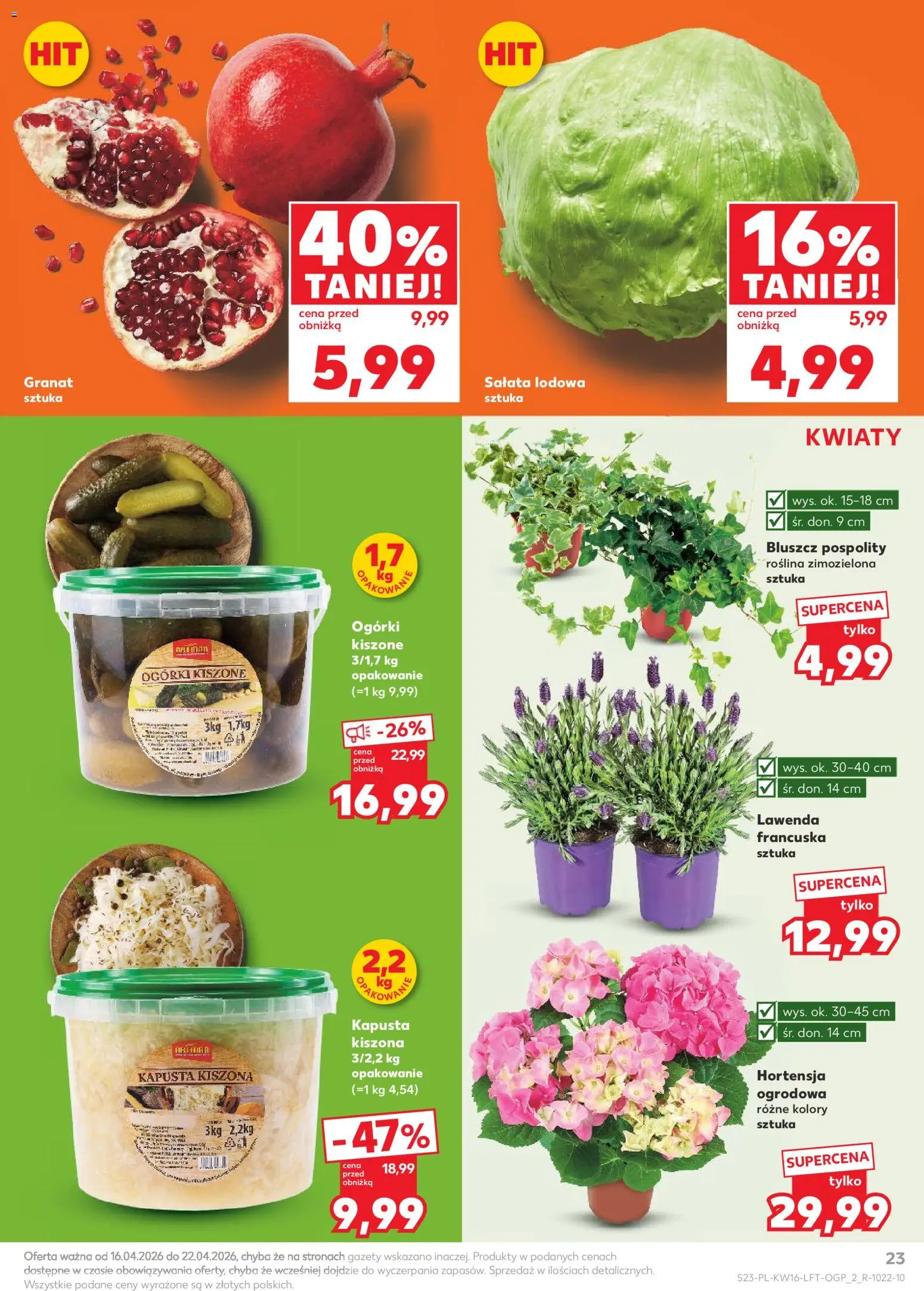 Kaufland gazetka od 16.04.2026 | Strona: 23 | Produkty: Kapusta, Kapusta kiszona, Ogórki, Kwiaty