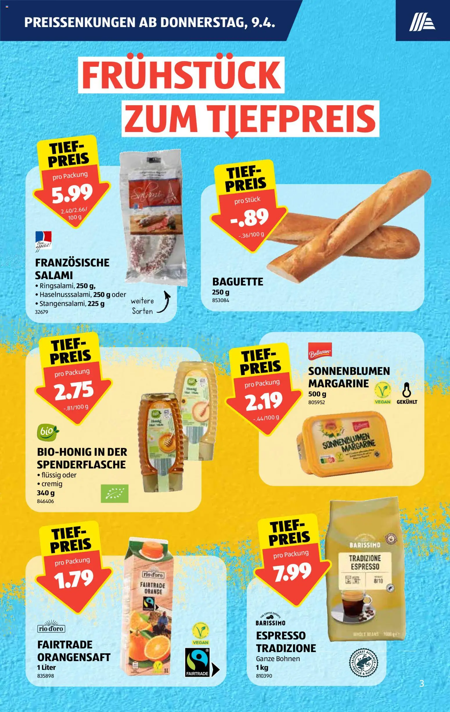 Aldi aktionen – gültig ab 09.04.2026 | Seite: 3 | Produkte: Baguette, Orangensaft, Salami