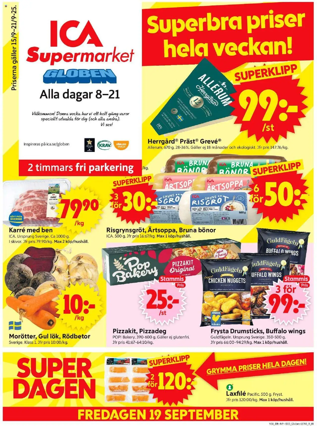 ICA Supermarket reklamblad aktuell från 15.09.2025 | Sida: 1 | Produkter: Galler, Pizzakit, Bönor